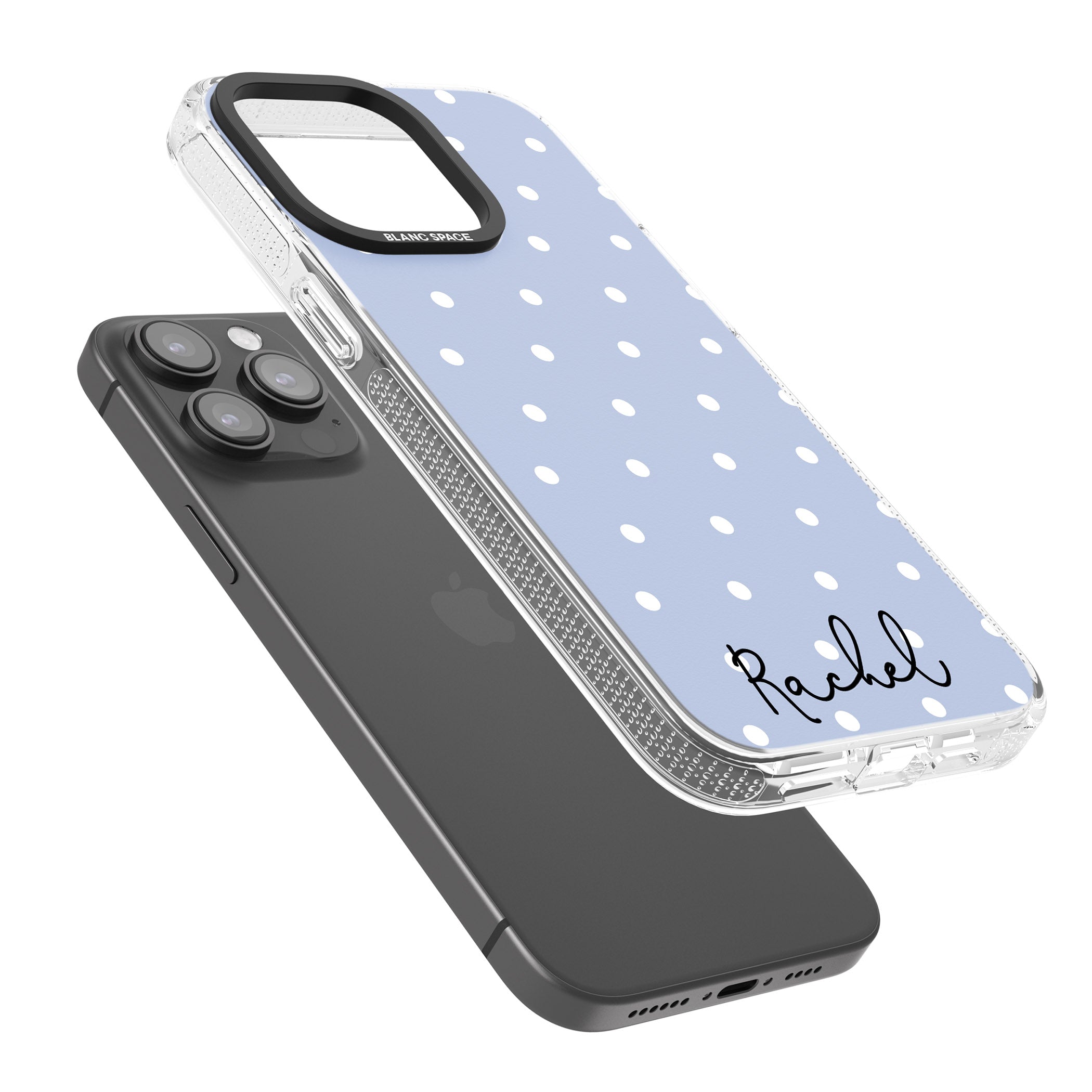 Personalised Simple Light Blue Dots iPhone 15 Pro Max / 15 Pro / 14 Pro Max / 14 Pro / 13 Pro Clear Case Impact Air - Blanc Space