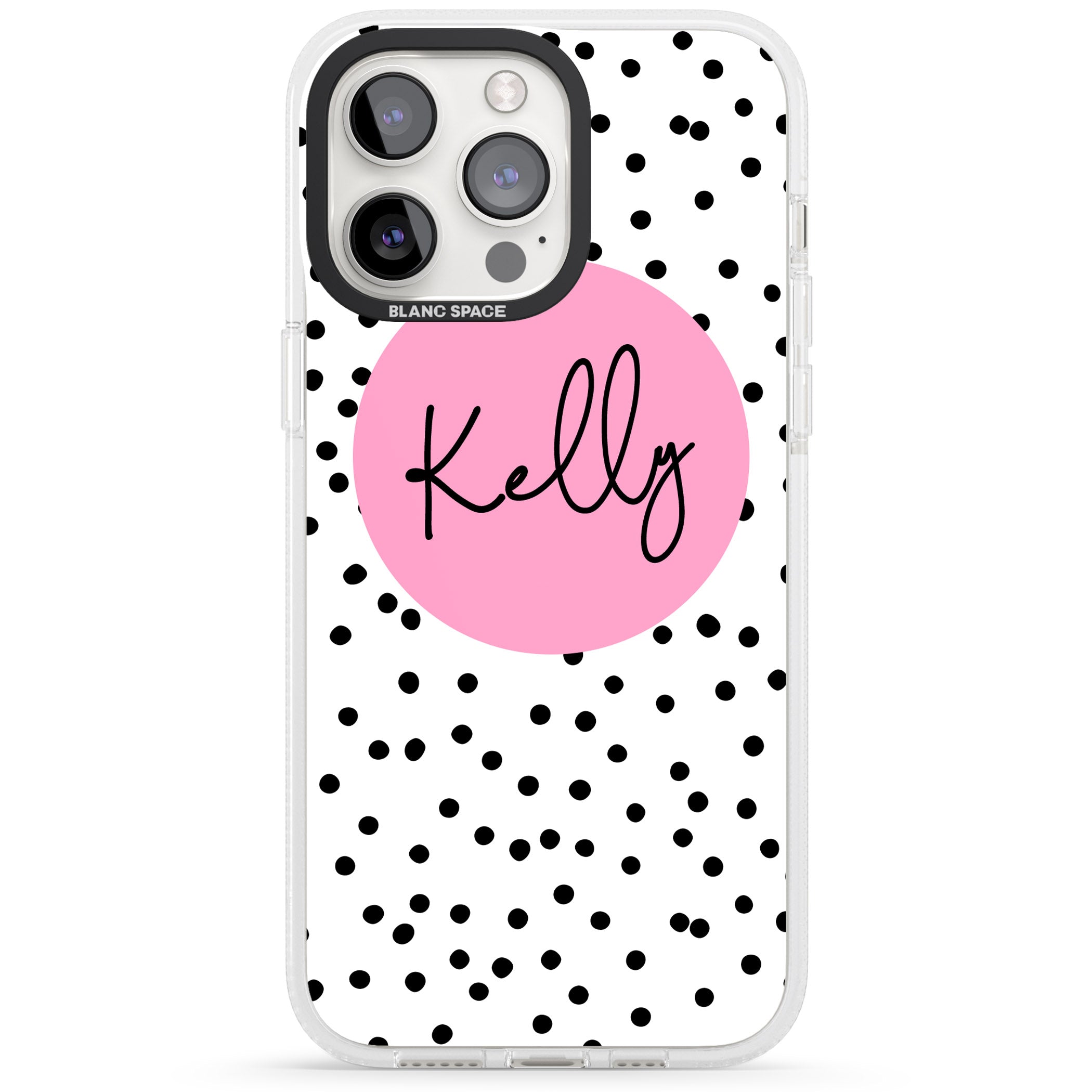 Personalised Pink Circle & Dots iPhone 15 Pro Max / 15 Pro / 14 Pro Max / 14 Pro / 13 Pro Clear Case Impact Air - Blanc Space