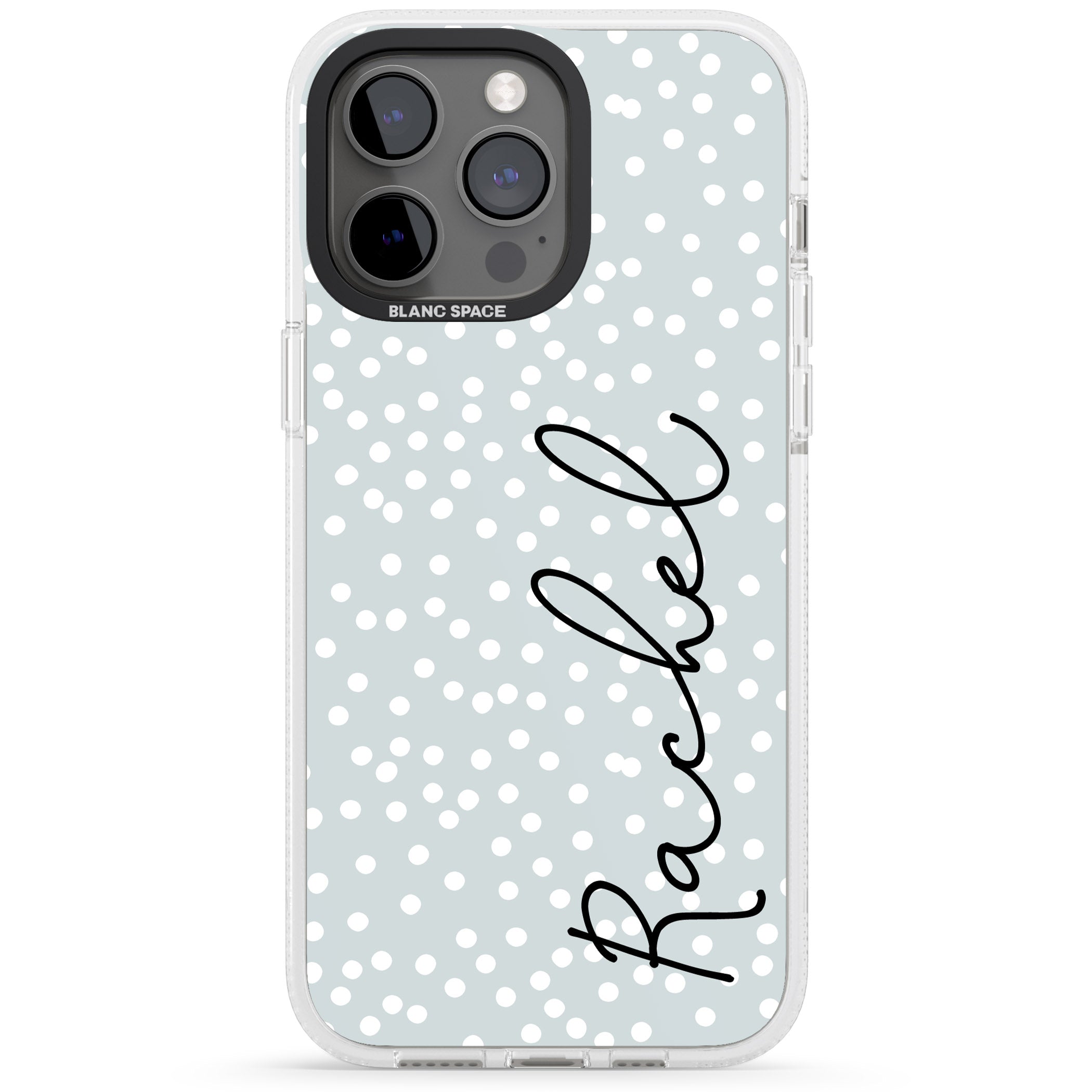 Personalised Vertical Cursive & Dots iPhone 15 Pro Max / 15 Pro / 14 Pro Max / 14 Pro / 13 Pro Clear Case Impact Air - Blanc Space