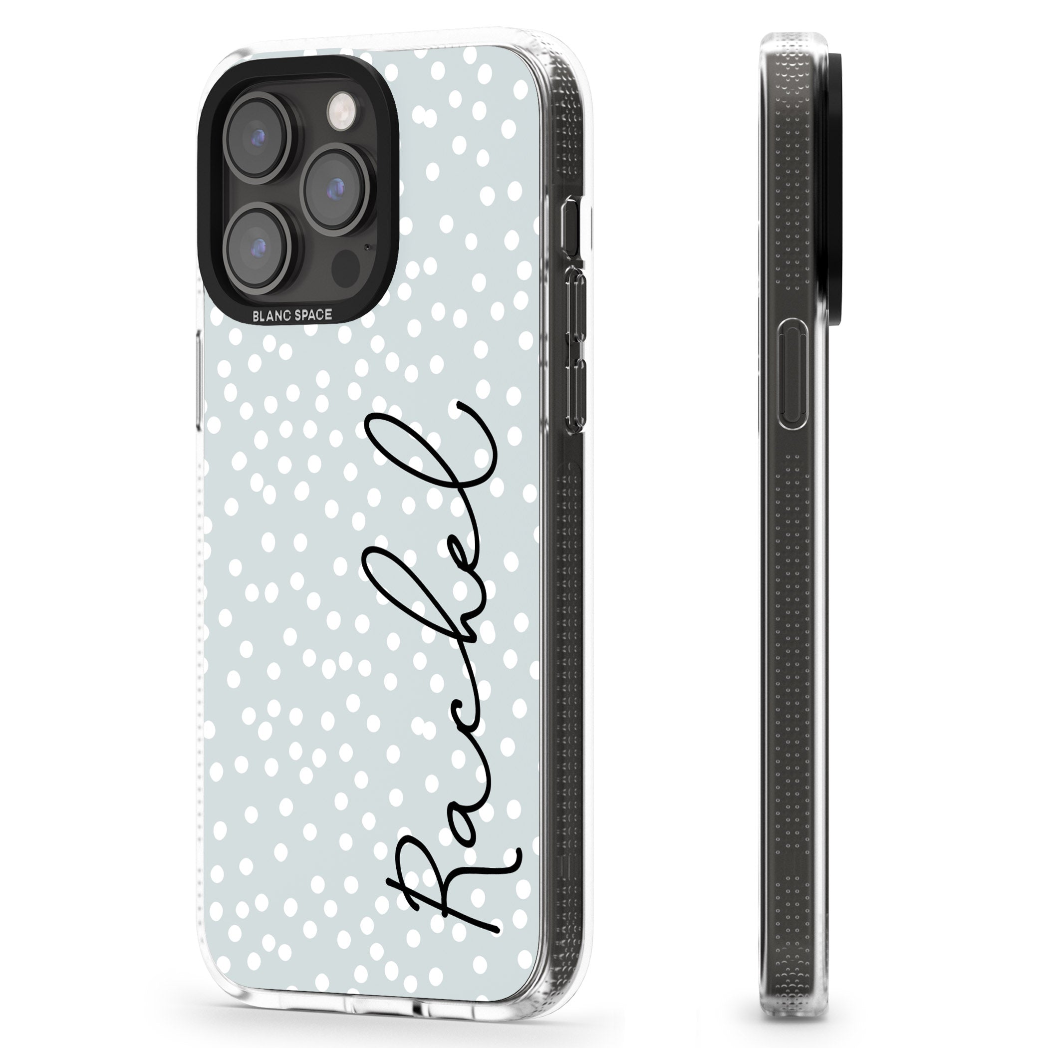 Personalised Vertical Cursive & Dots iPhone 15 Pro Max / 15 Pro / 14 Pro Max / 14 Pro / 13 Pro Clear Case Impact Air - Blanc Space