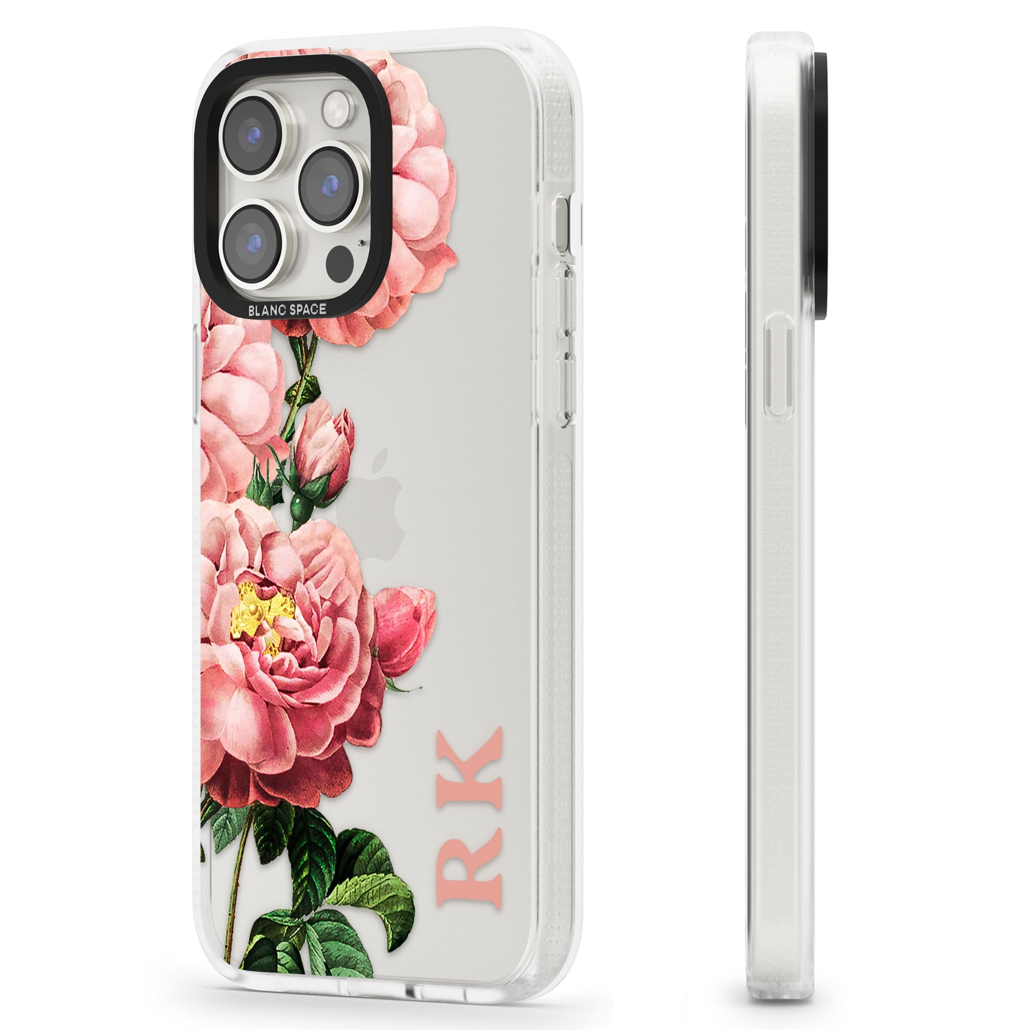 Personalised Clear Vintage Floral Pink Peonies iPhone 15 Pro Max / 15 Pro / 14 Pro Max / 14 Pro / 13 Pro Clear Case Impact Air - Blanc Space