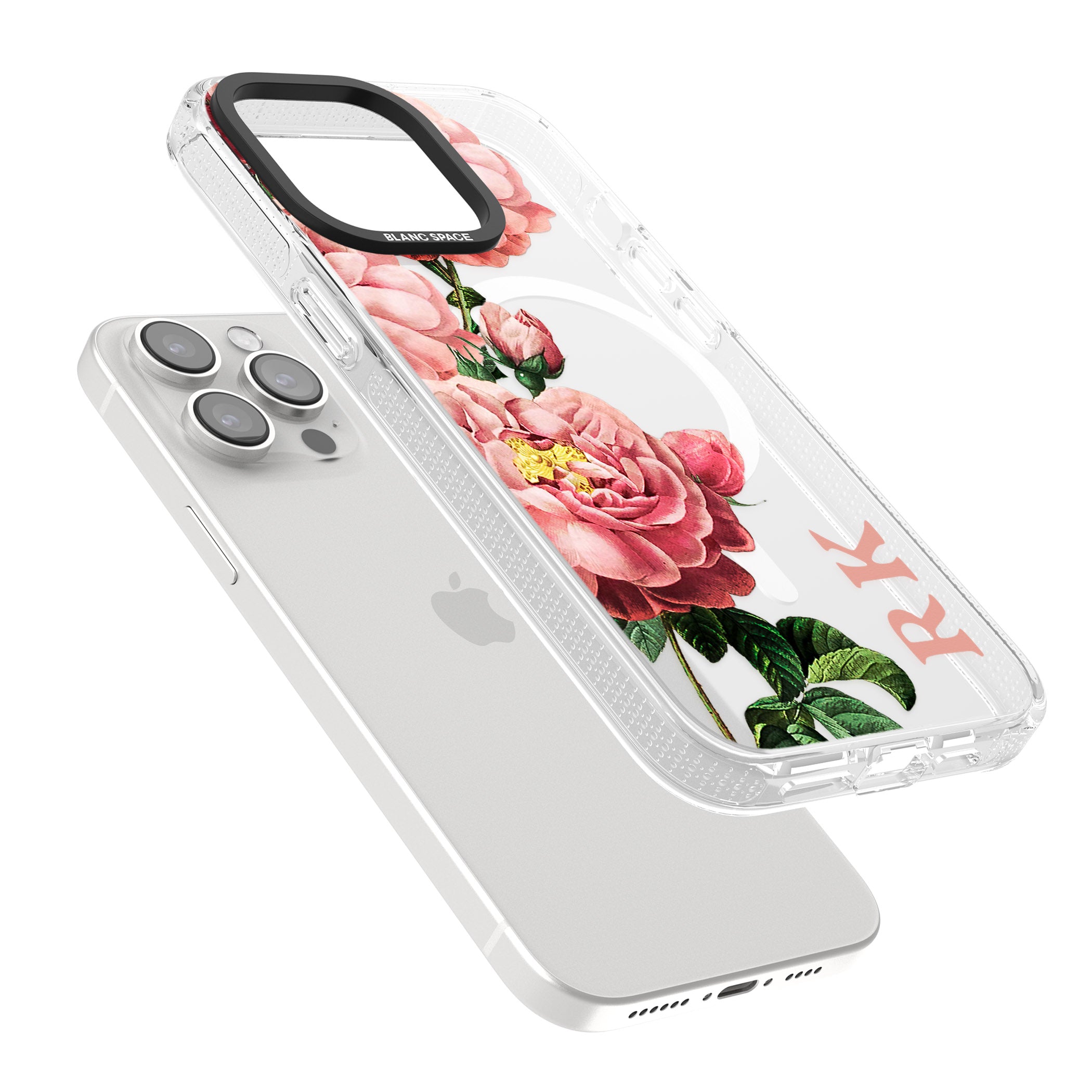 Personalised Clear Vintage Floral Pink Peonies iPhone 15 Pro Max / 15 Pro / 14 Pro Max / 14 Pro / 13 Pro Clear Case Impact Air - Blanc Space