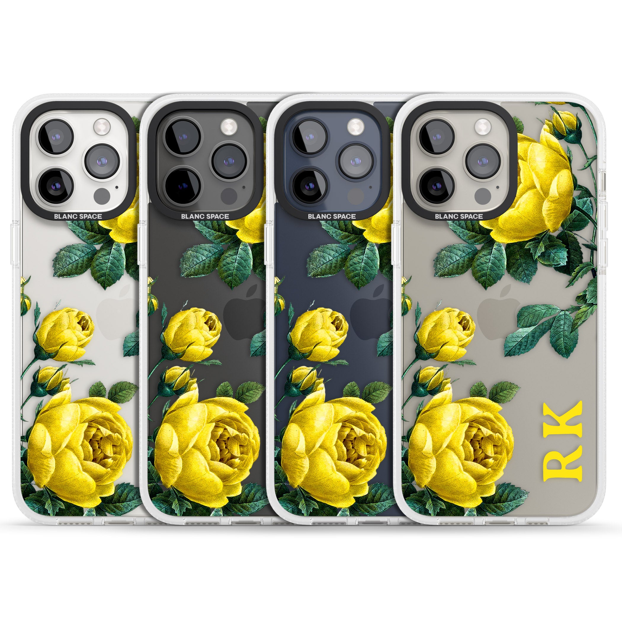 Personalised Clear Vintage Floral Yellow Roses iPhone 15 Pro Max / 15 Pro / 14 Pro Max / 14 Pro / 13 Pro Clear Case Impact Air - Blanc Space