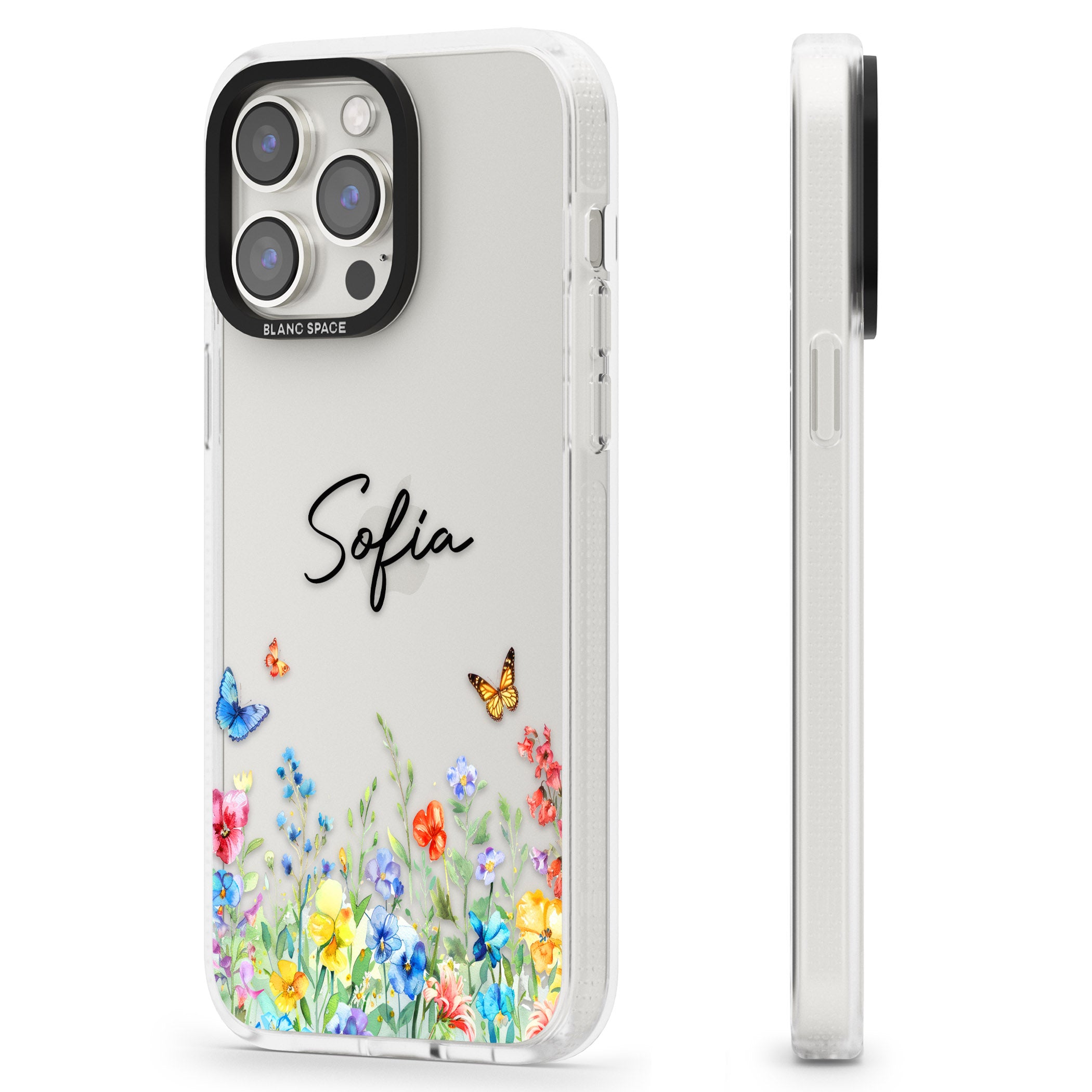 Personalised Butterflies & Wildflowers iPhone 15 Pro Max / 15 Pro / 14 Pro Max / 14 Pro / 13 Pro Clear Case Impact Air - Blanc Space