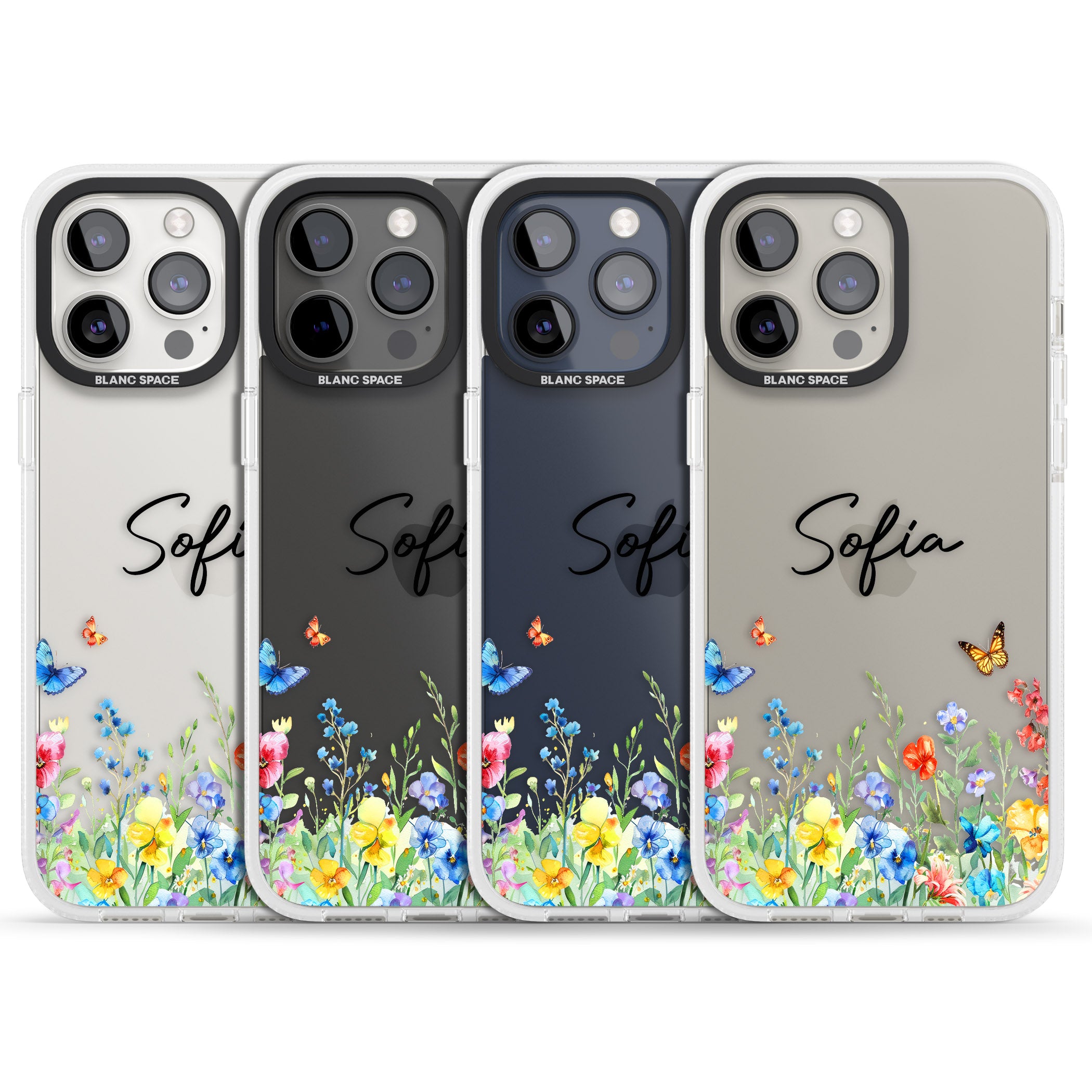 Personalised Butterflies & Wildflowers iPhone 15 Pro Max / 15 Pro / 14 Pro Max / 14 Pro / 13 Pro Clear Case Impact Air - Blanc Space