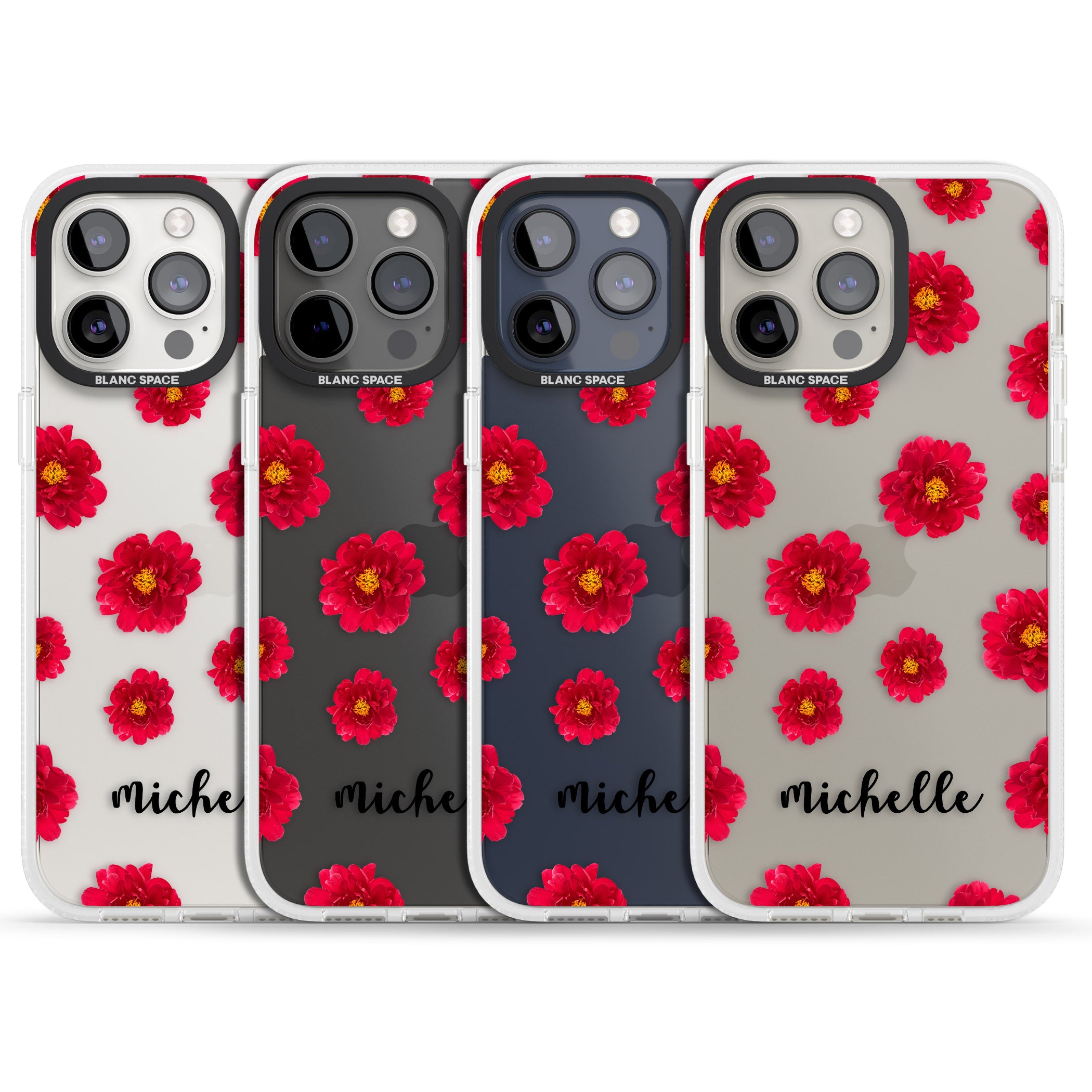 Personalised Red Peonies & Cursive iPhone 15 Pro Max / 15 Pro / 14 Pro Max / 14 Pro / 13 Pro Clear Case Impact Air - Blanc Space