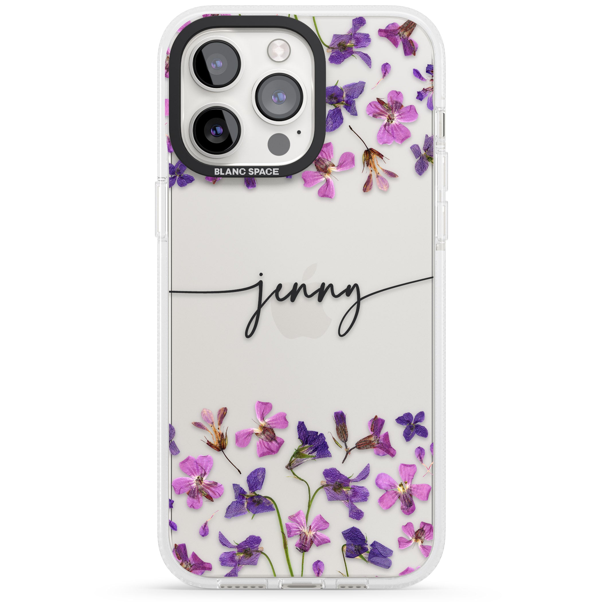 Personalised Purple Violets iPhone 15 Pro Max / 15 Pro / 14 Pro Max / 14 Pro / 13 Pro Clear Case Impact Air - Blanc Space