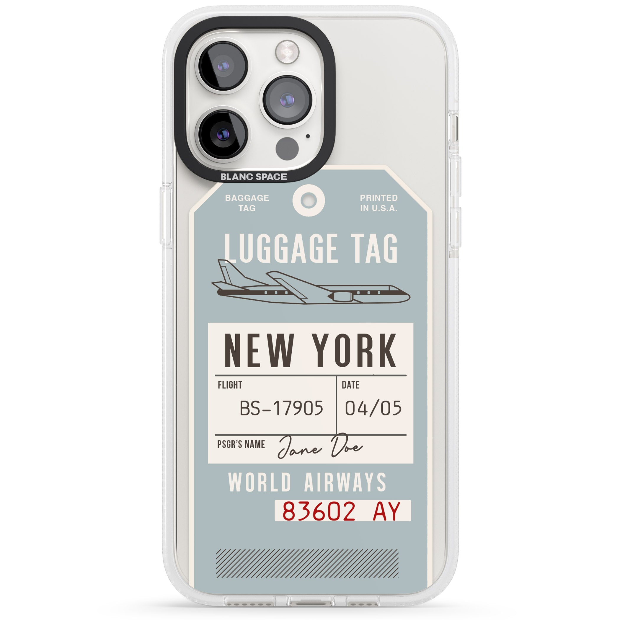 Personalised Vintage USA Luggage Tag iPhone 15 Pro Max / 15 Pro / 14 Pro Max / 14 Pro / 13 Pro Clear Case Impact Air - Blanc Space