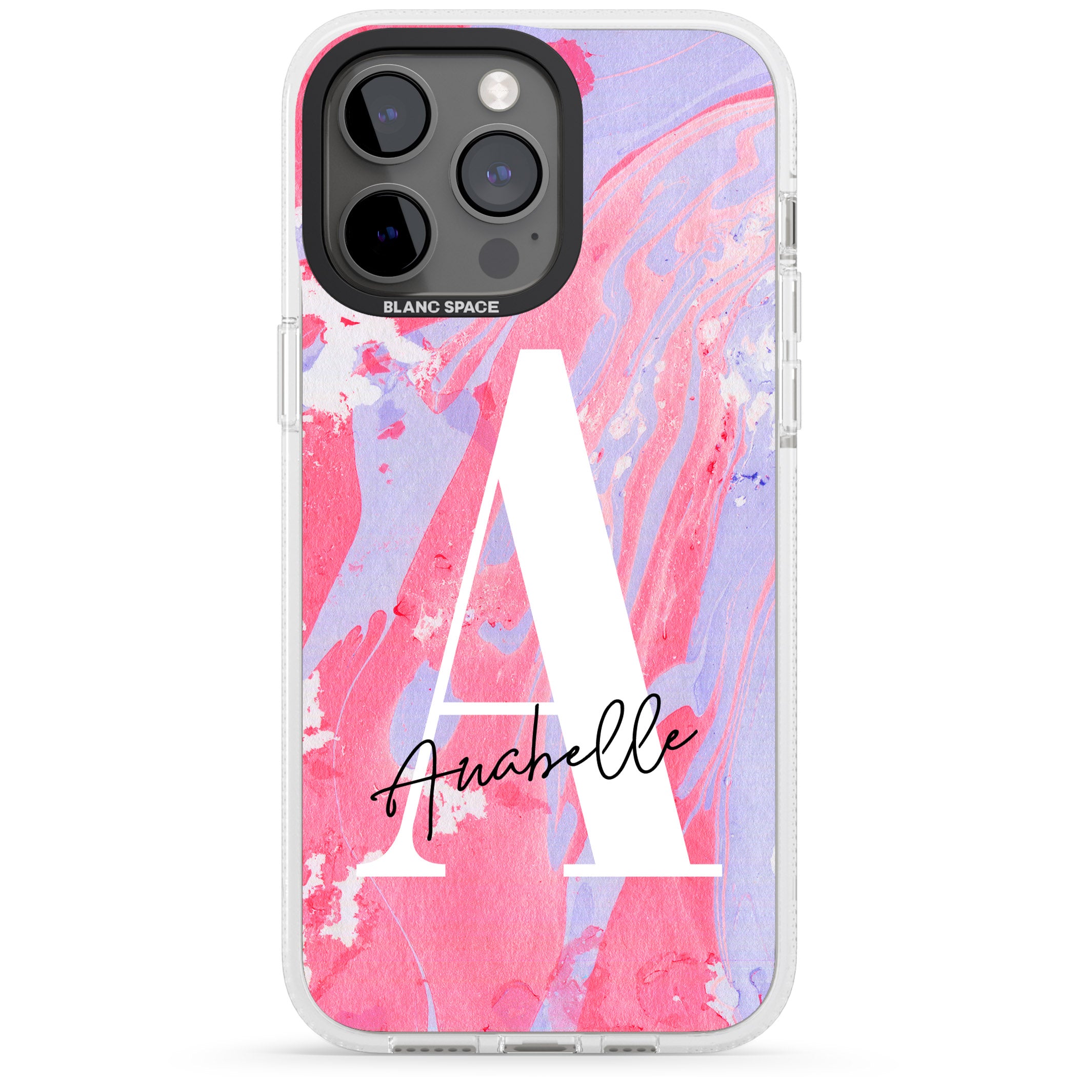 Personalised Pink & Purple - Marble iPhone 15 Pro Max / 15 Pro / 14 Pro Max / 14 Pro / 13 Pro Clear Case Impact Air - Blanc Space