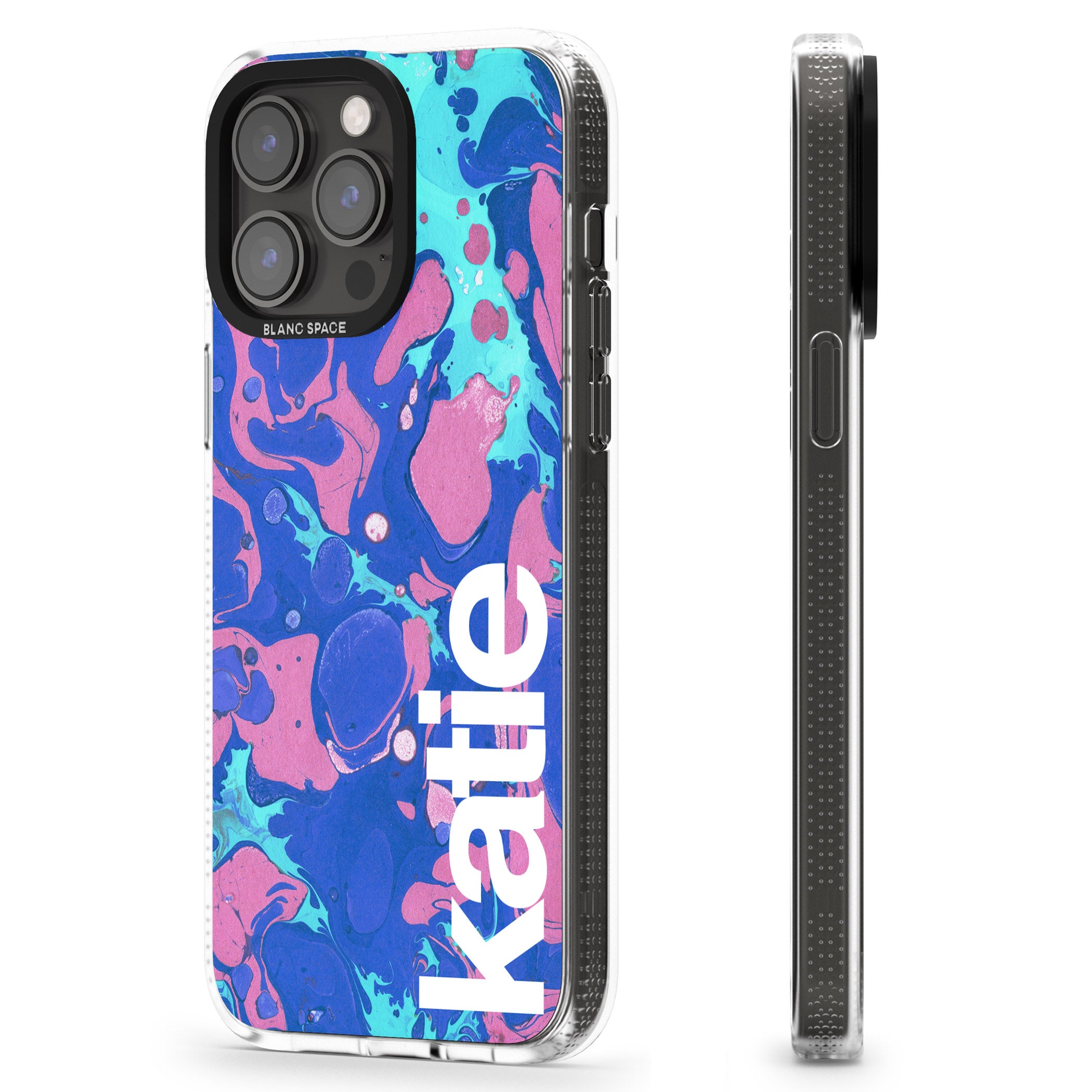 Personalised Navy, Turquoise + Purple - Marbled iPhone 15 Pro Max / 15 Pro / 14 Pro Max / 14 Pro / 13 Pro Clear Case Impact Air - Blanc Space