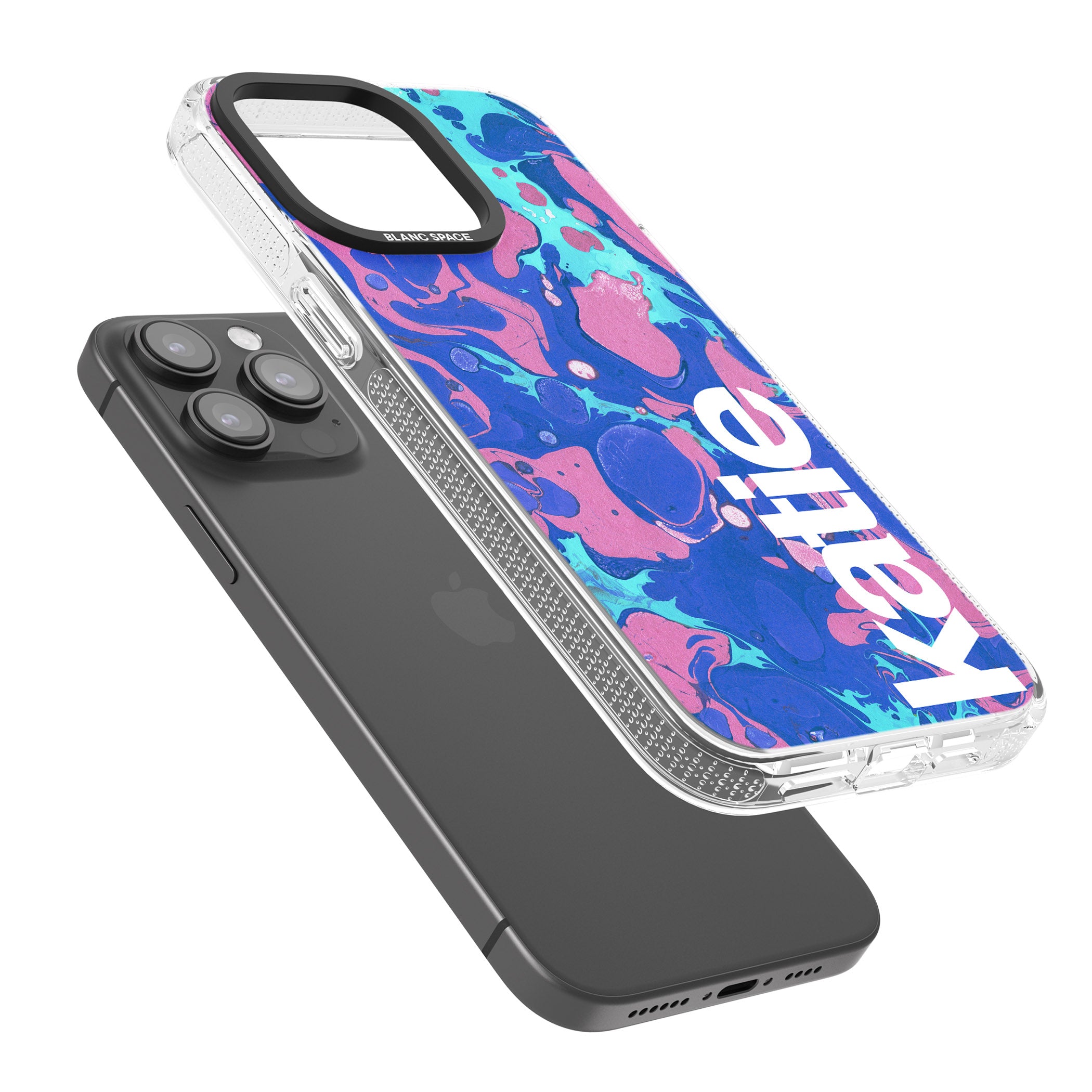 Personalised Navy, Turquoise + Purple - Marbled iPhone 15 Pro Max / 15 Pro / 14 Pro Max / 14 Pro / 13 Pro Clear Case Impact Air - Blanc Space