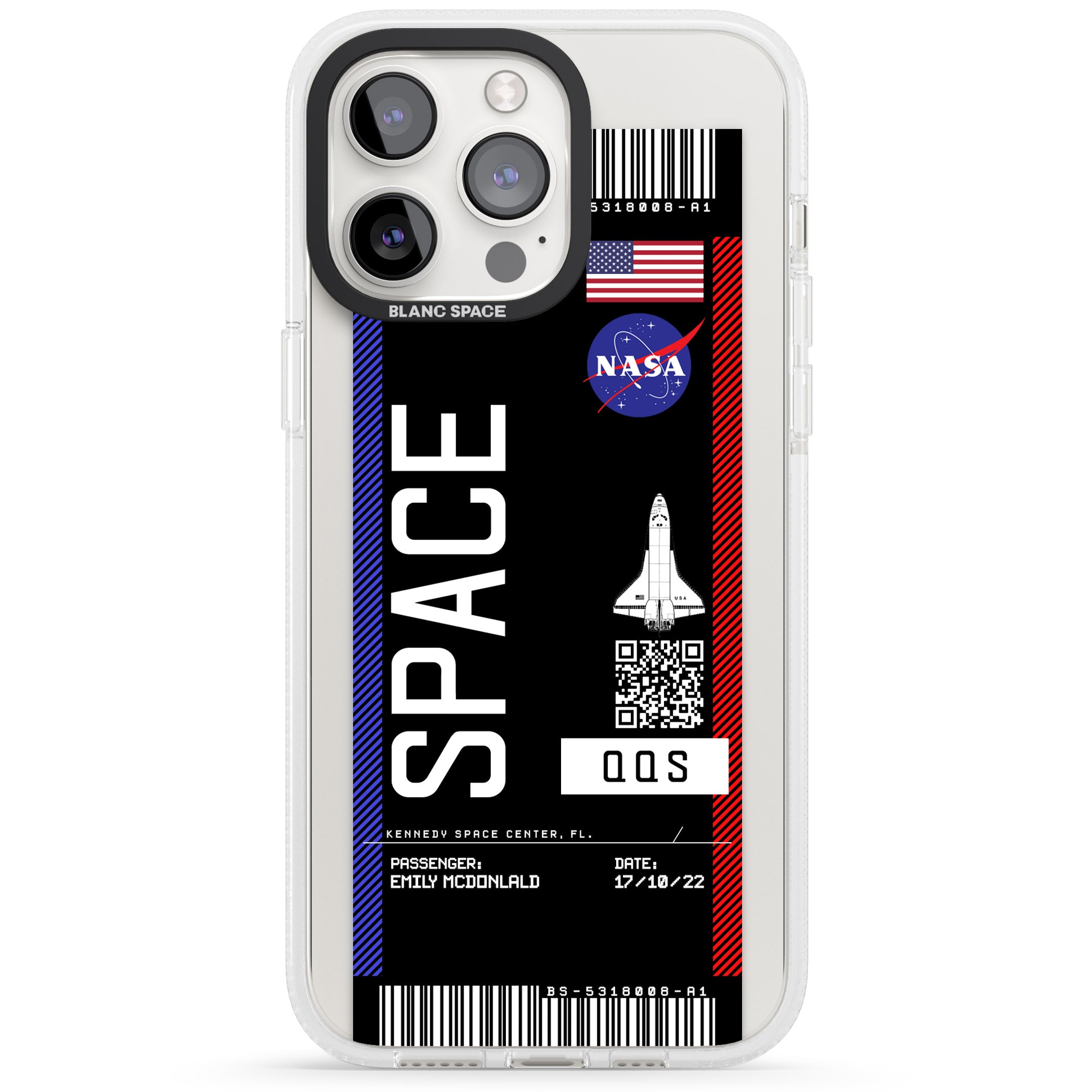 Personalised NASA Boarding Pass (Dark) iPhone 15 Pro Max / 15 Pro / 14 Pro Max / 14 Pro / 13 Pro Clear Case Impact Air - Blanc Space