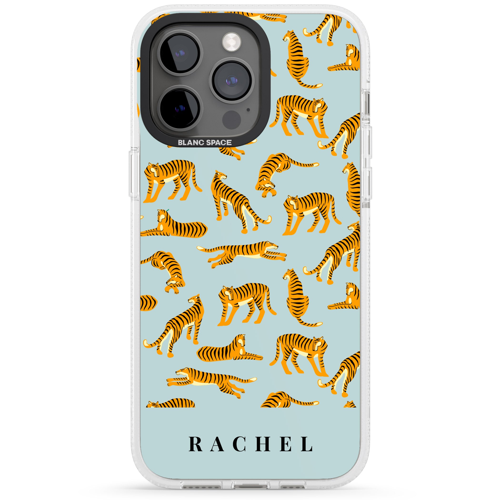 Personalised Tiger Pattern: Turquoise Blue iPhone 15 Pro Max / 15 Pro / 14 Pro Max / 14 Pro / 13 Pro Clear Case Impact Air - Blanc Space