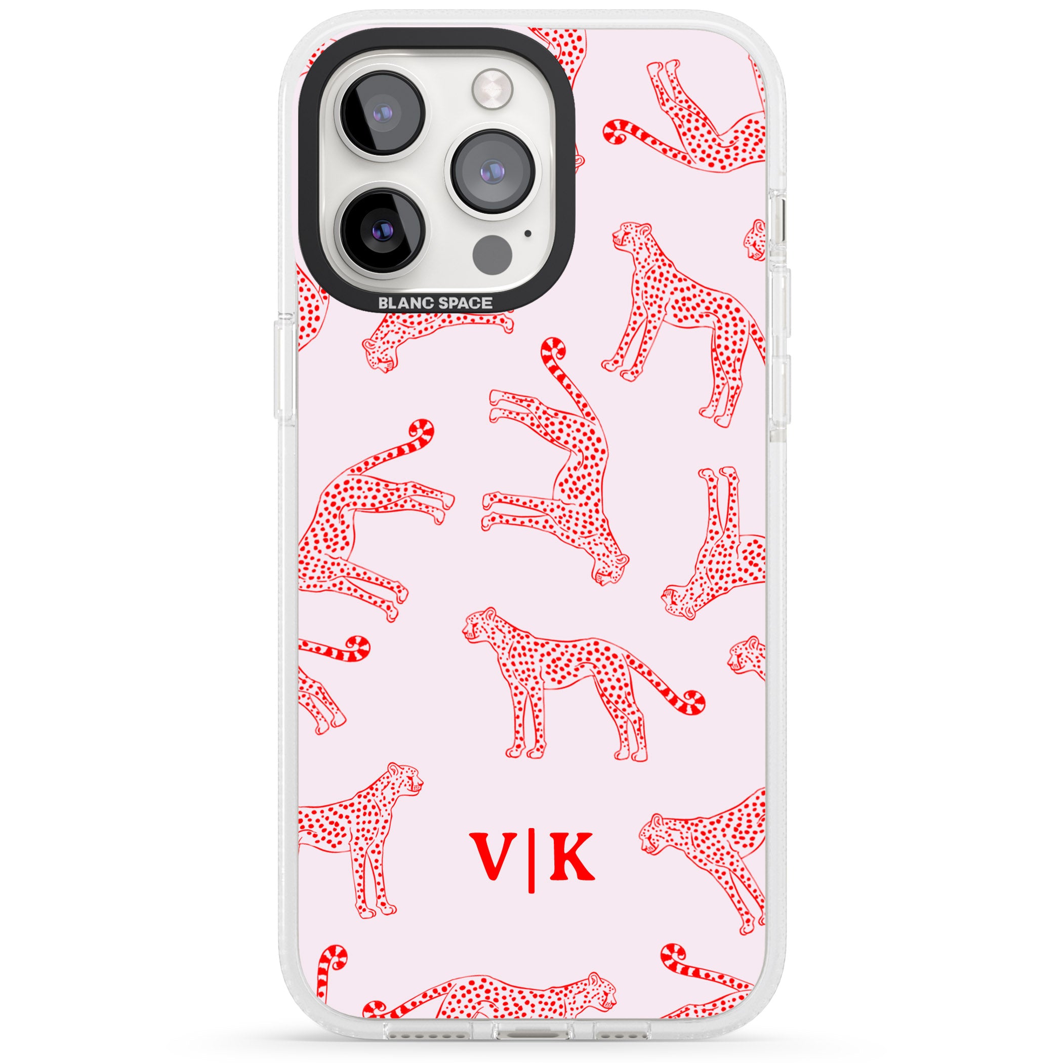 Personalised + Red & Pink Cheetah iPhone 15 Pro Max / 15 Pro / 14 Pro Max / 14 Pro / 13 Pro Clear Case Impact Air - Blanc Space