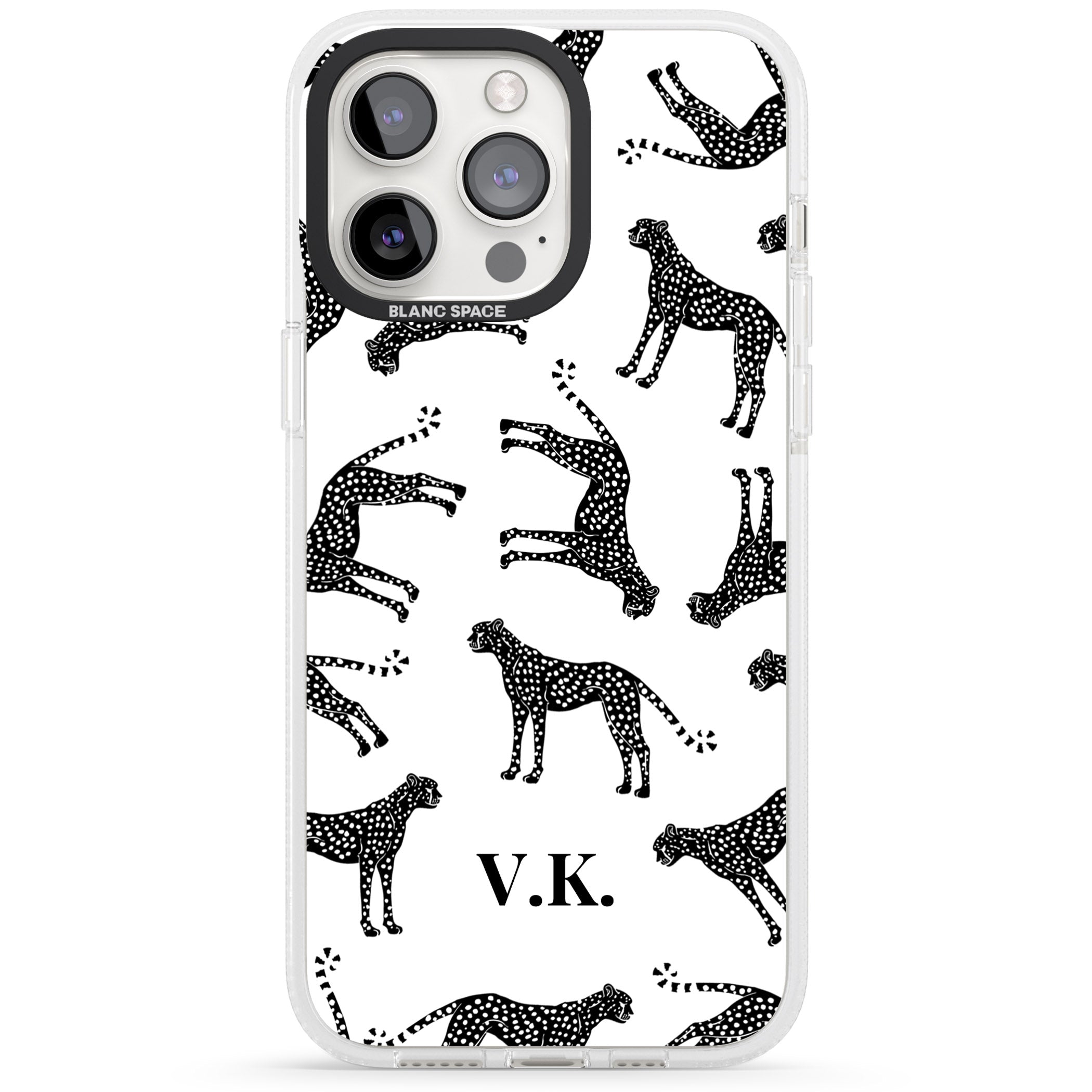 Personalised Cheetah Black & White iPhone 15 Pro Max / 15 Pro / 14 Pro Max / 14 Pro / 13 Pro Clear Case Impact Air - Blanc Space