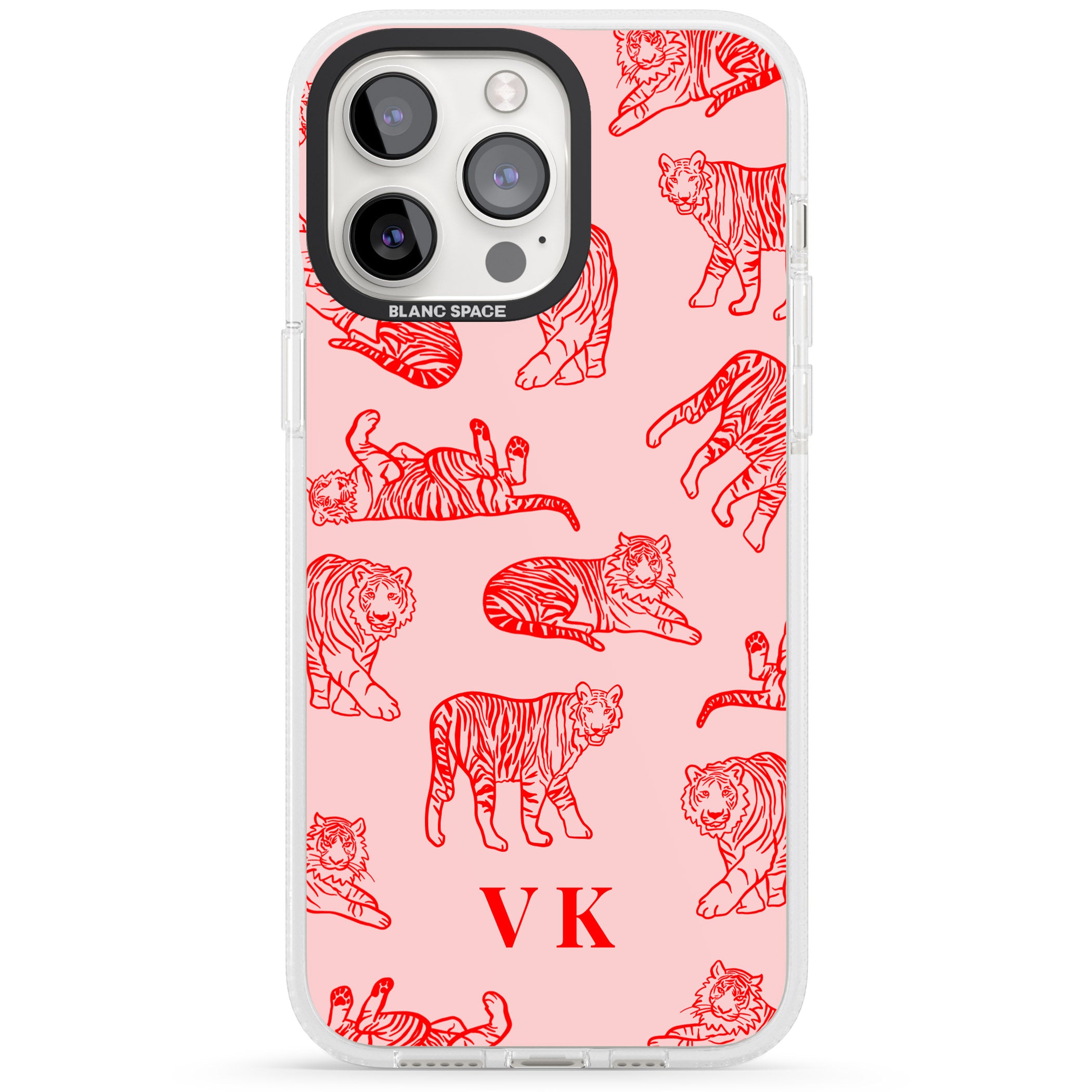 Personalised Red Tiger Outlines on Pink iPhone 15 Pro Max / 15 Pro / 14 Pro Max / 14 Pro / 13 Pro Clear Case Impact Air - Blanc Space