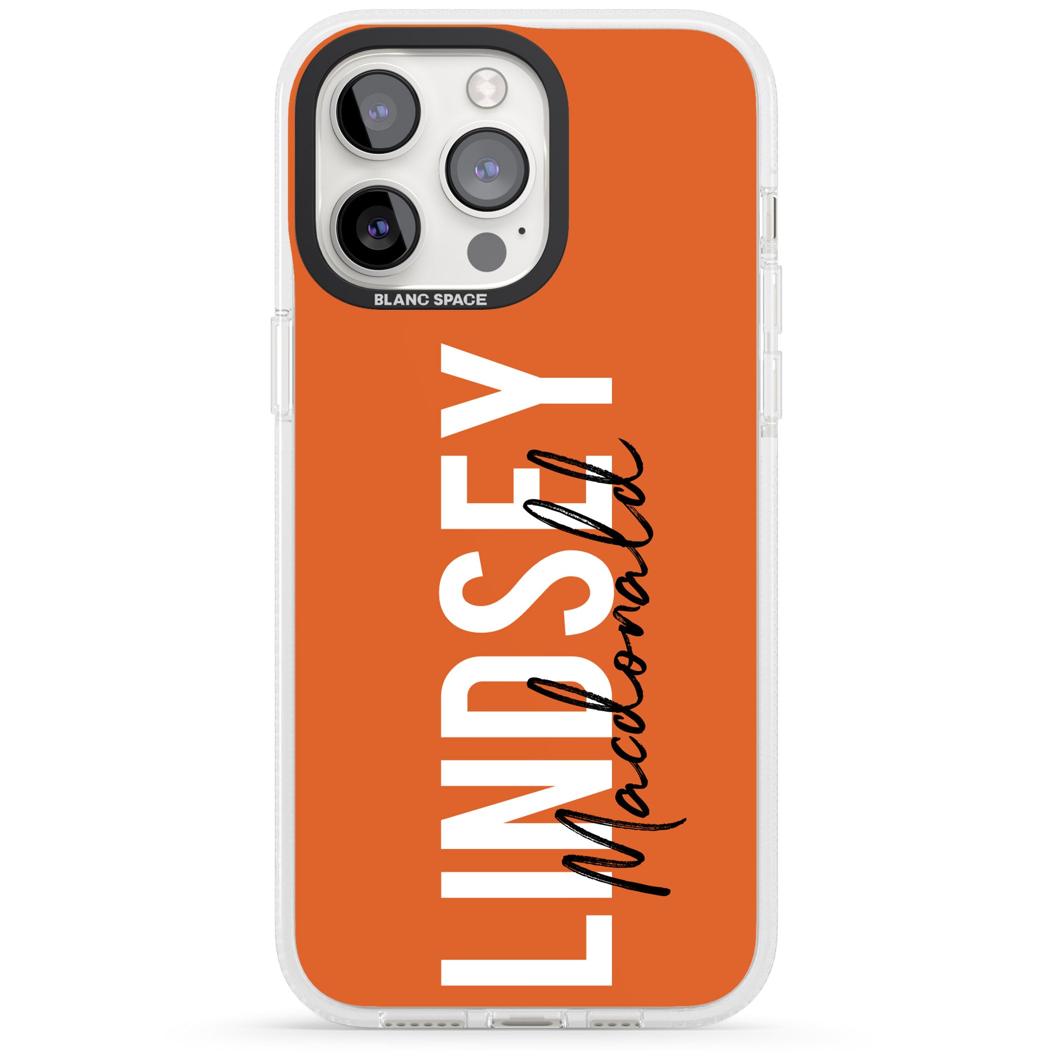 Personalised Bold Name: Orange iPhone 15 Pro Max / 15 Pro / 14 Pro Max / 14 Pro / 13 Pro Clear Case Impact Air - Blanc Space