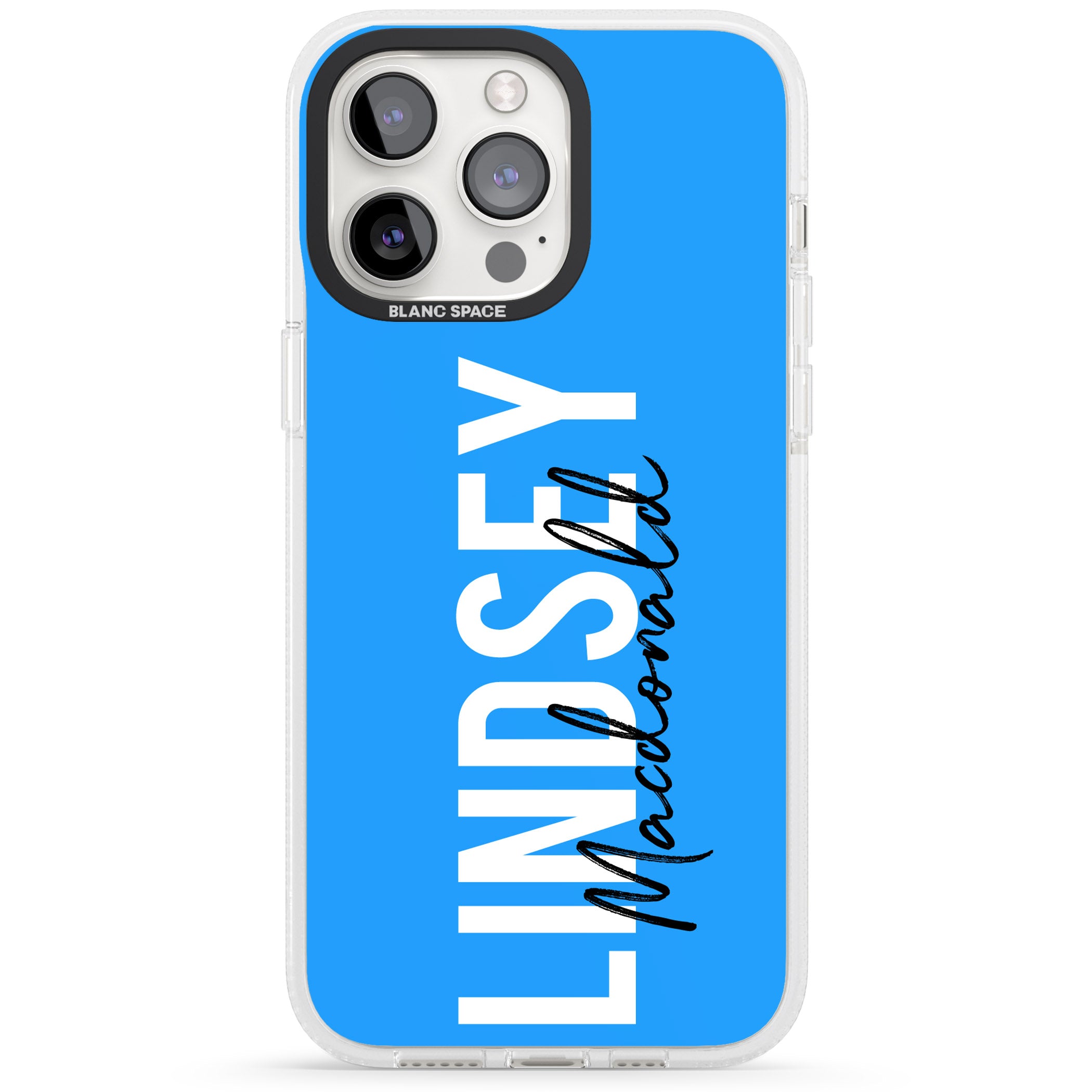 Personalised Bold Name: Blue iPhone 15 Pro Max / 15 Pro / 14 Pro Max / 14 Pro / 13 Pro Clear Case Impact Air - Blanc Space