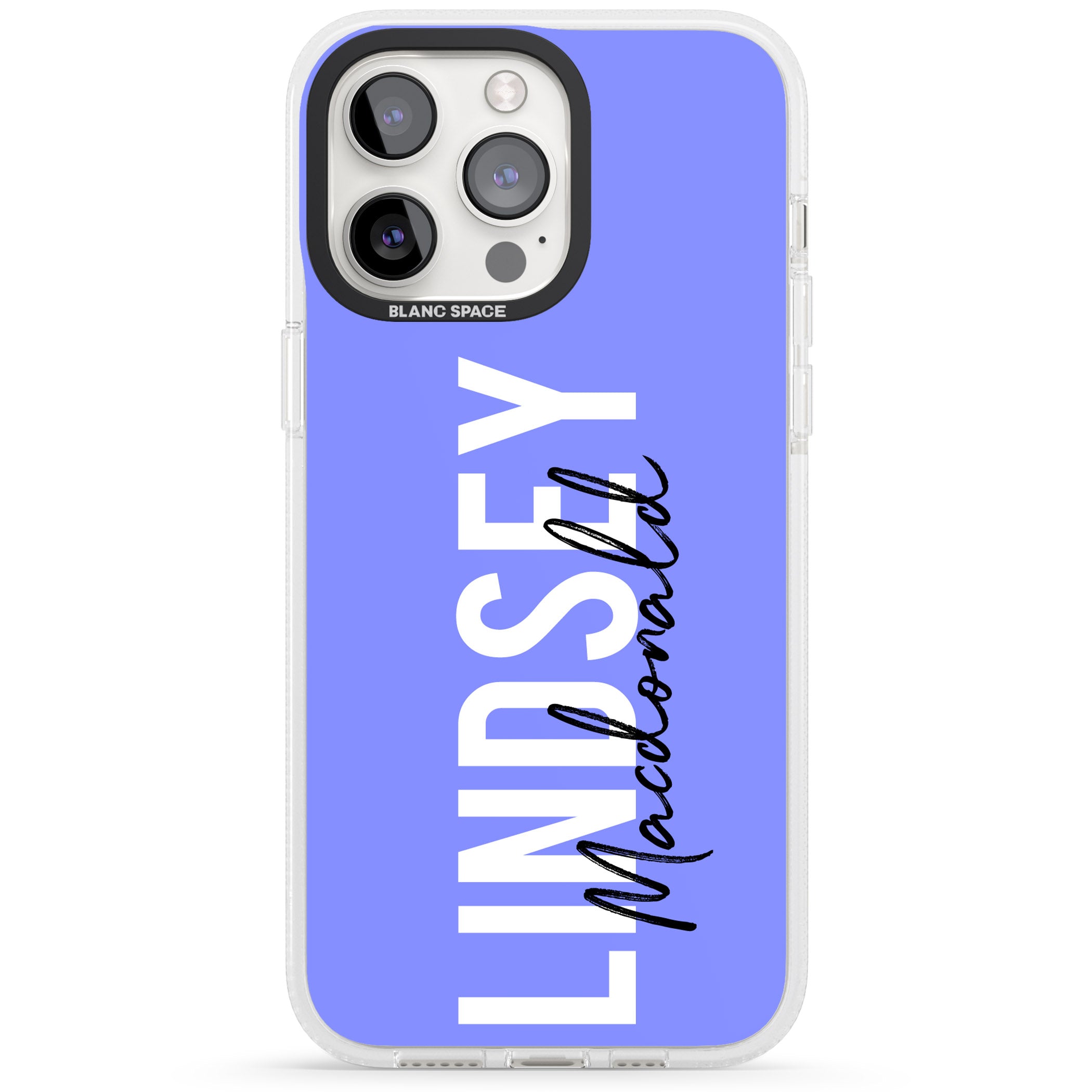 Personalised Bold Name: Purple iPhone 15 Pro Max / 15 Pro / 14 Pro Max / 14 Pro / 13 Pro Clear Case Impact Air - Blanc Space