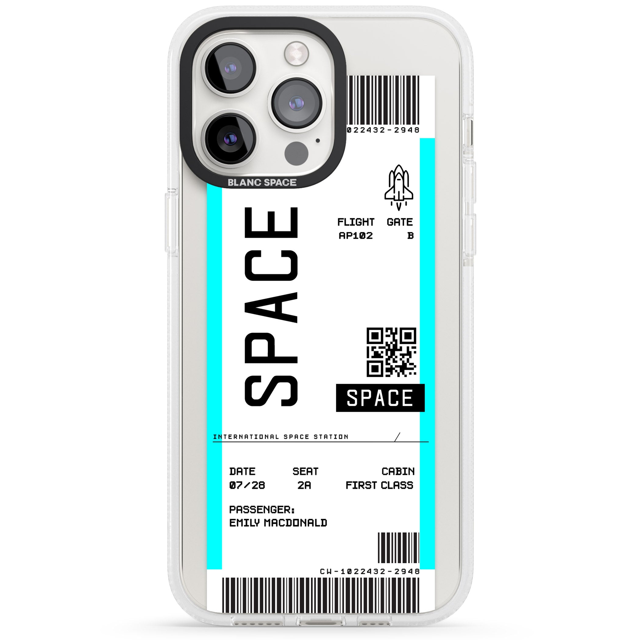 Personalised Space Space Travel Ticket iPhone 15 Pro Max / 15 Pro / 14 Pro Max / 14 Pro / 13 Pro Clear Case Impact Air - Blanc Space