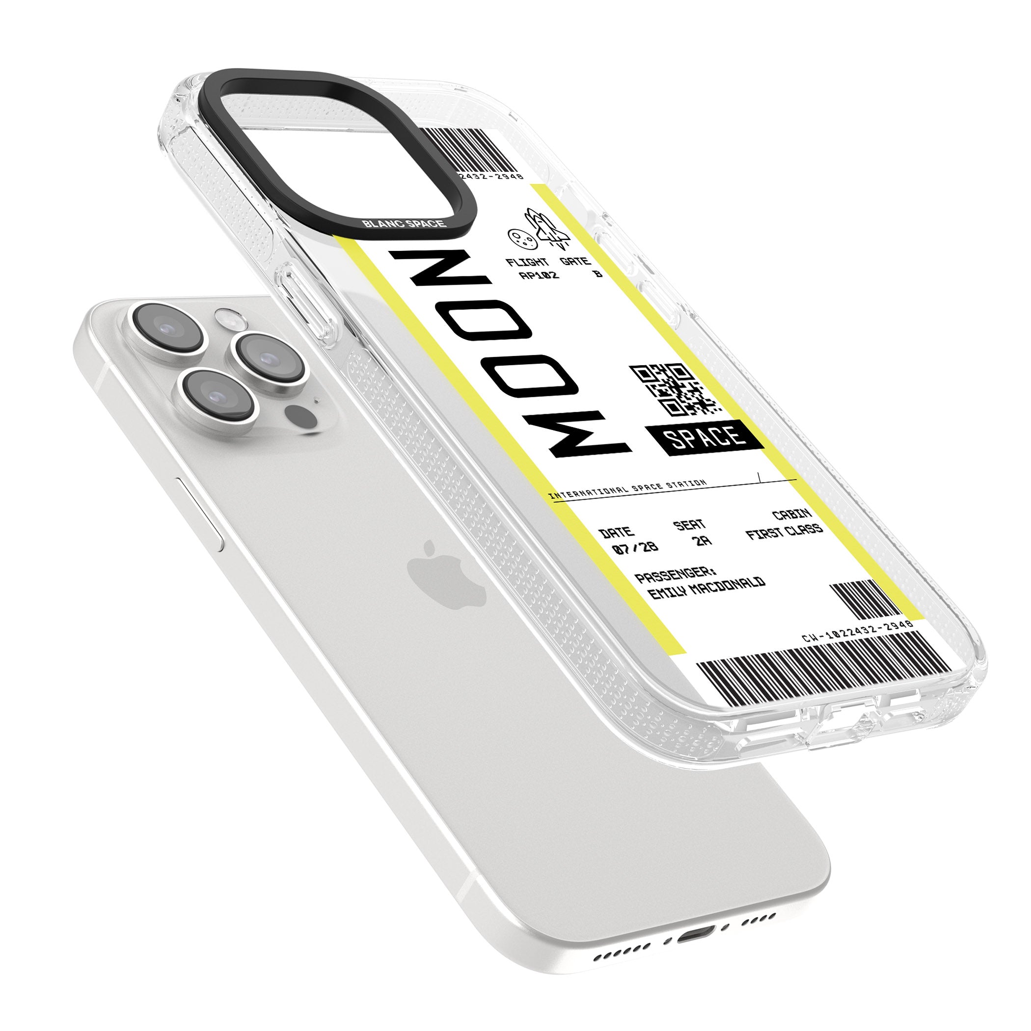 Personalised Moon Space Travel Ticket iPhone 15 Pro Max / 15 Pro / 14 Pro Max / 14 Pro / 13 Pro Clear Case Impact Air - Blanc Space