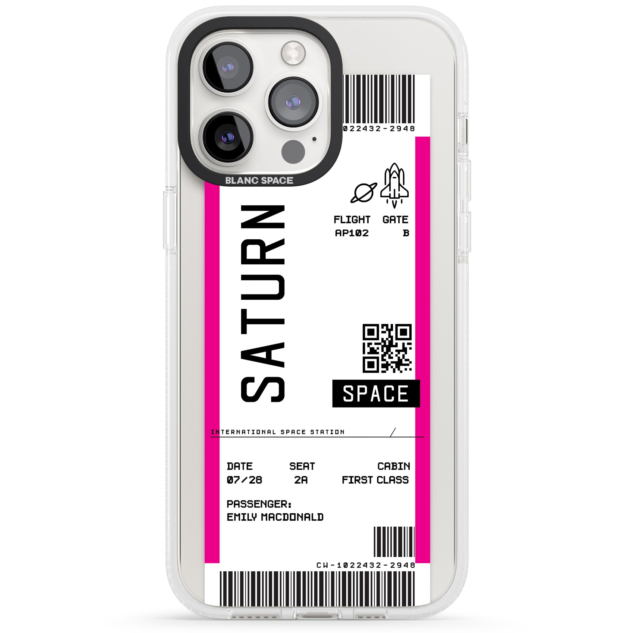 Personalised Saturn Space Travel Ticket iPhone 15 Pro Max / 15 Pro / 14 Pro Max / 14 Pro / 13 Pro Clear Case Impact Air - Blanc Space