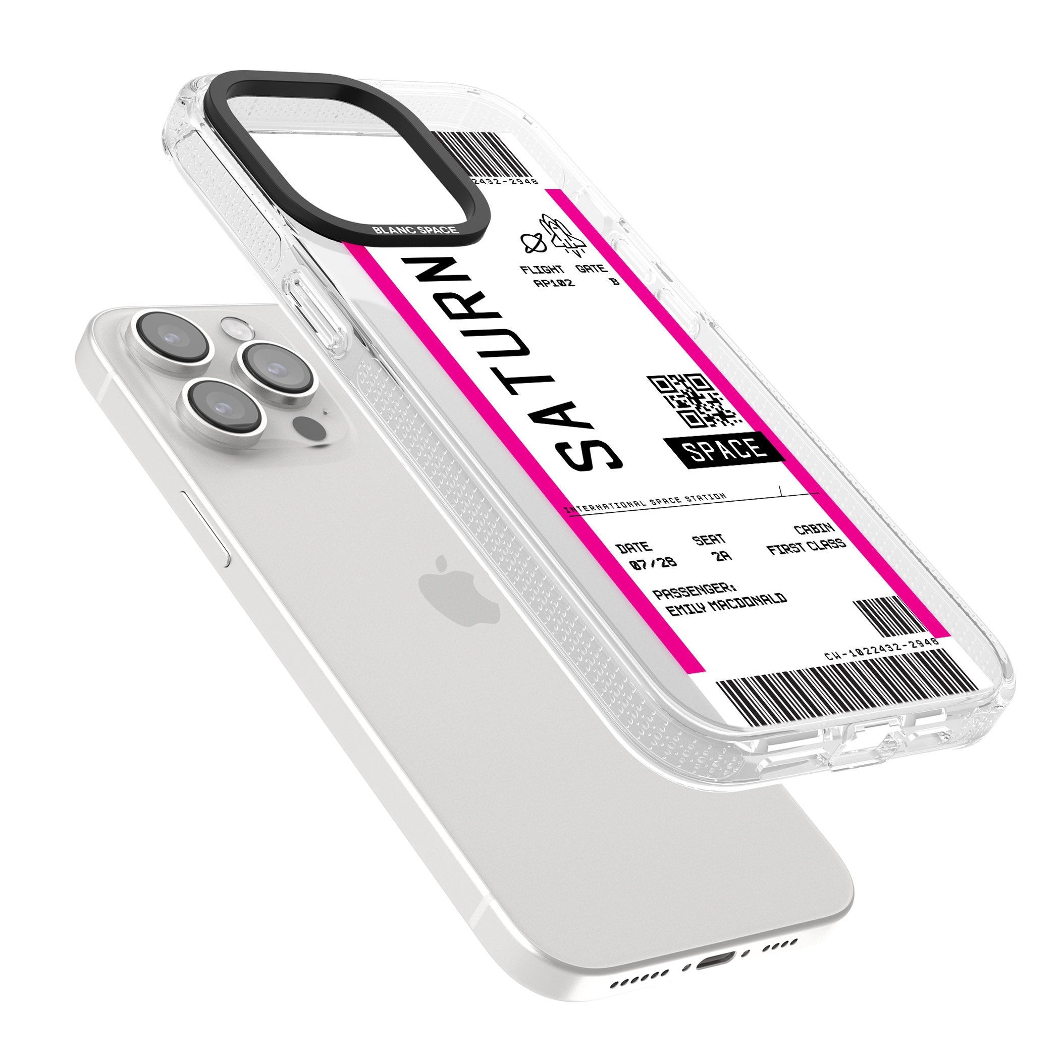 Personalised Saturn Space Travel Ticket iPhone 15 Pro Max / 15 Pro / 14 Pro Max / 14 Pro / 13 Pro Clear Case Impact Air - Blanc Space