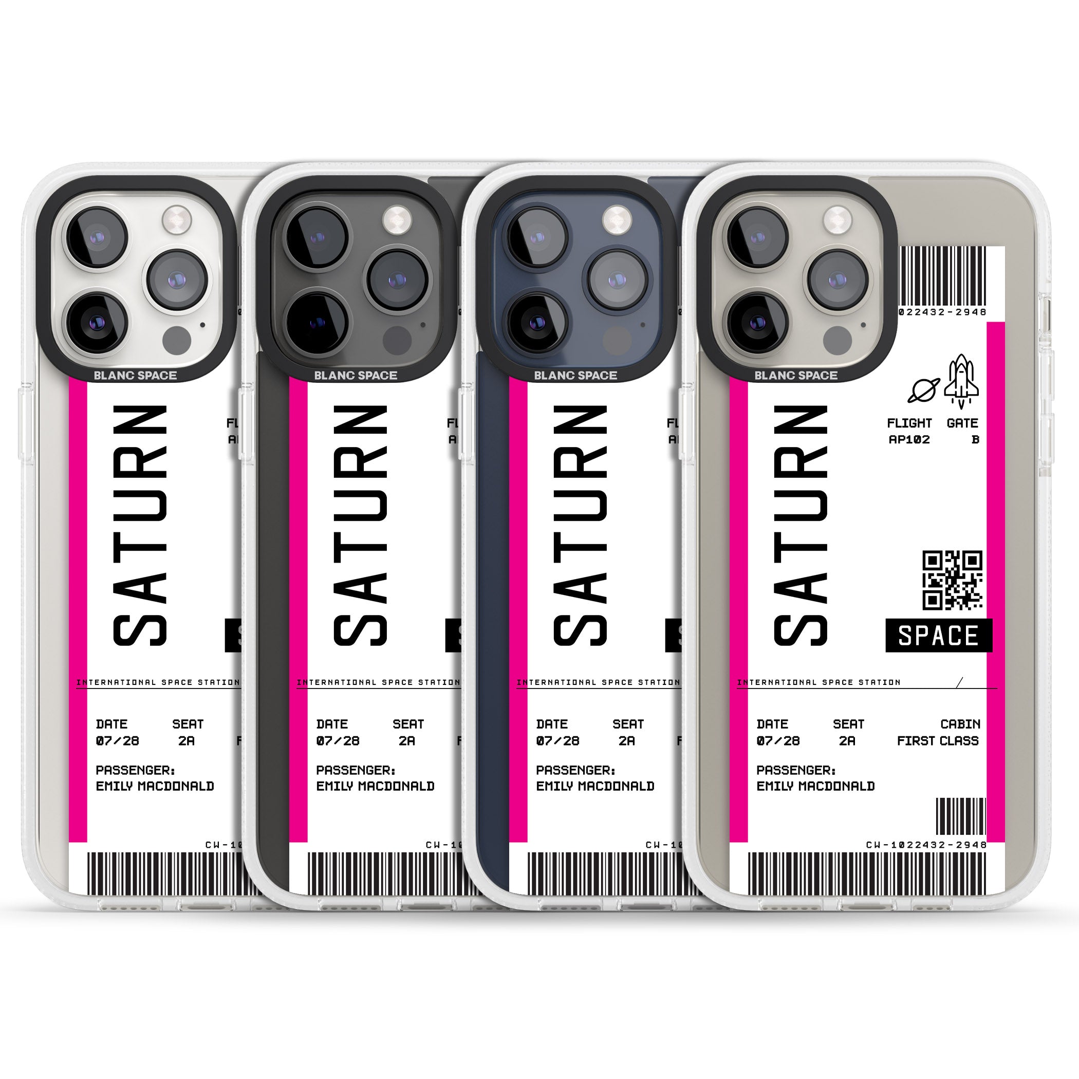 Personalised Saturn Space Travel Ticket iPhone 15 Pro Max / 15 Pro / 14 Pro Max / 14 Pro / 13 Pro Clear Case Impact Air - Blanc Space