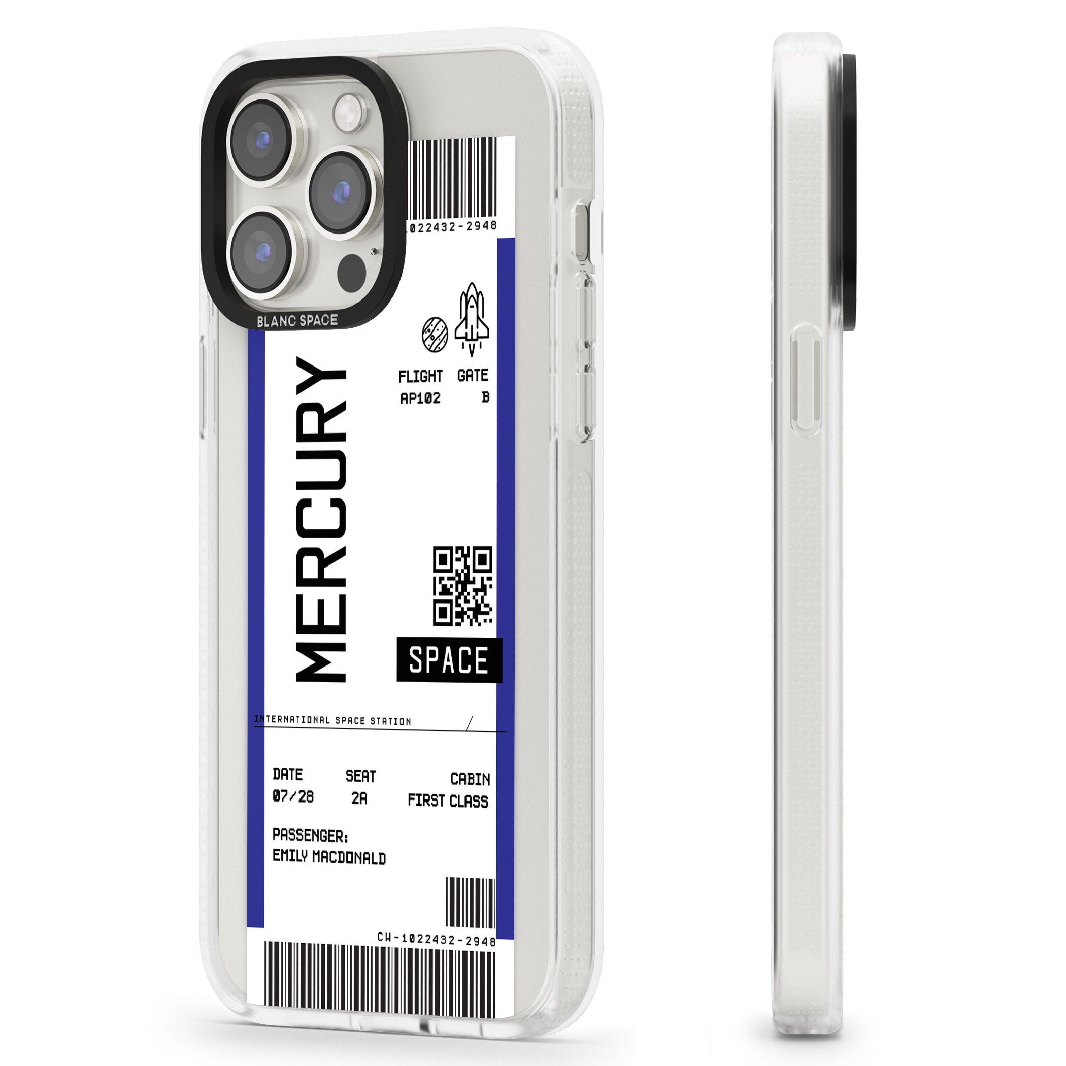 Personalised Mercury Space Travel Ticket iPhone 15 Pro Max / 15 Pro / 14 Pro Max / 14 Pro / 13 Pro Clear Case Impact Air - Blanc Space