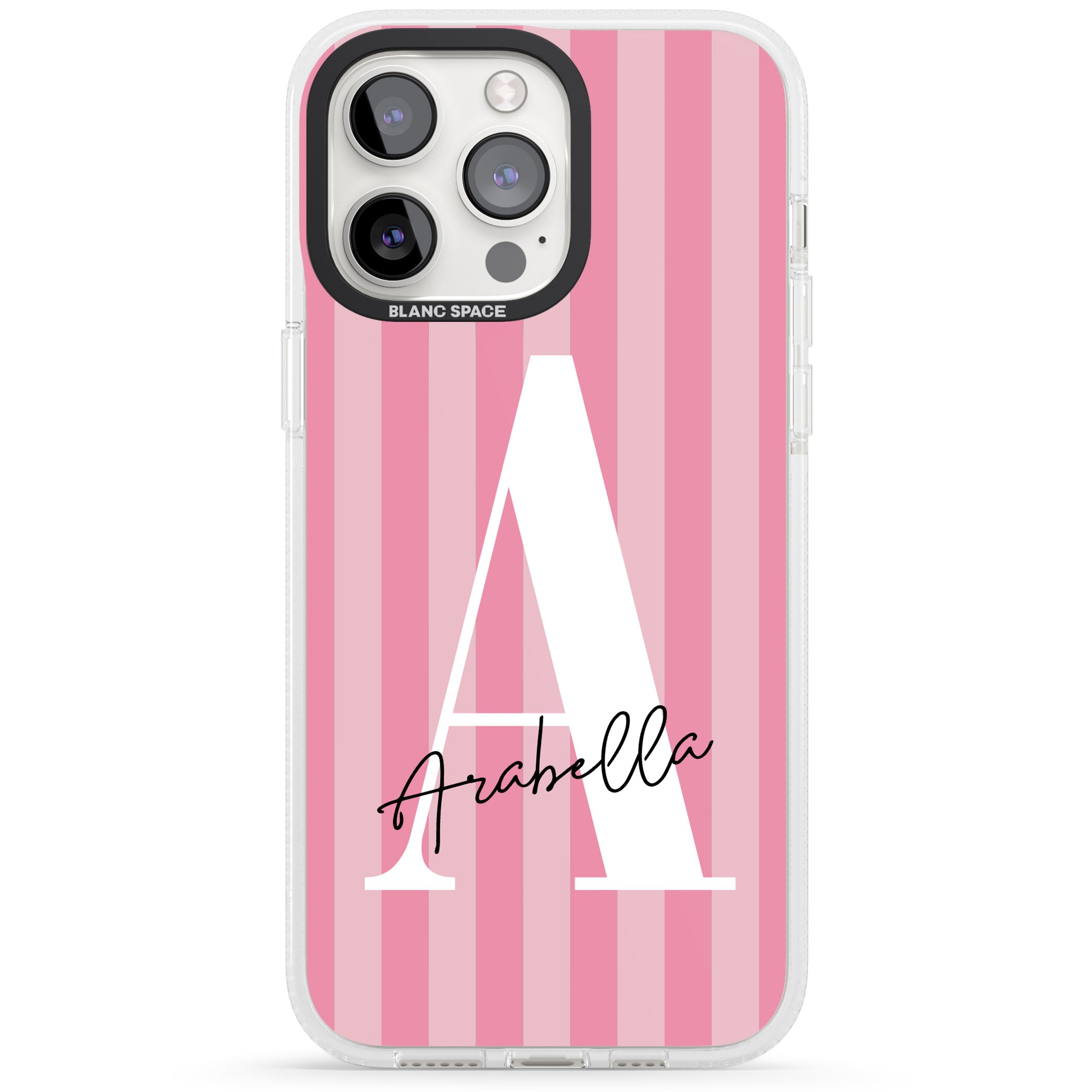Personalised Pink on Pink Stripes iPhone 15 Pro Max / 15 Pro / 14 Pro Max / 14 Pro / 13 Pro Clear Case Impact Air - Blanc Space
