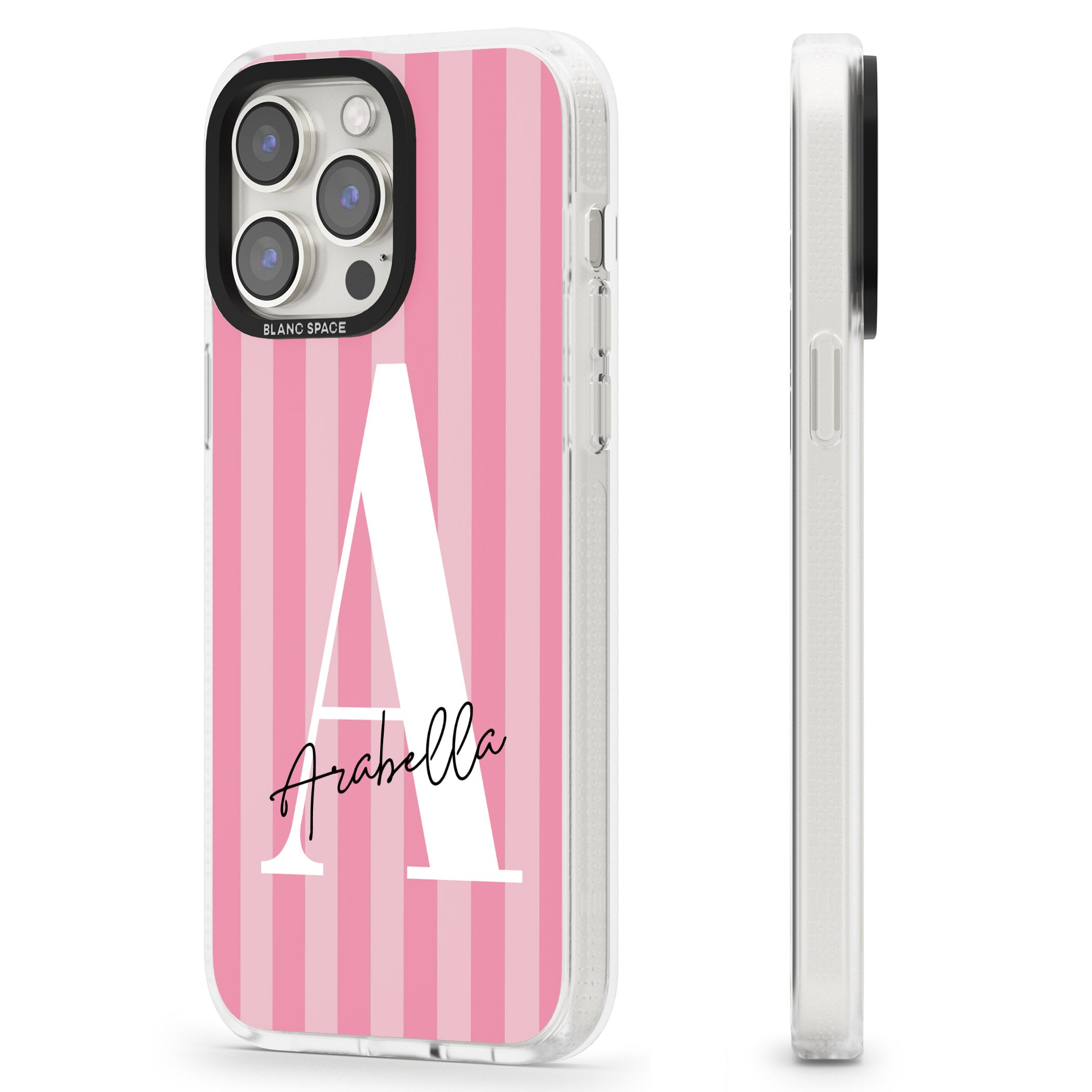 Personalised Pink on Pink Stripes iPhone 15 Pro Max / 15 Pro / 14 Pro Max / 14 Pro / 13 Pro Clear Case Impact Air - Blanc Space