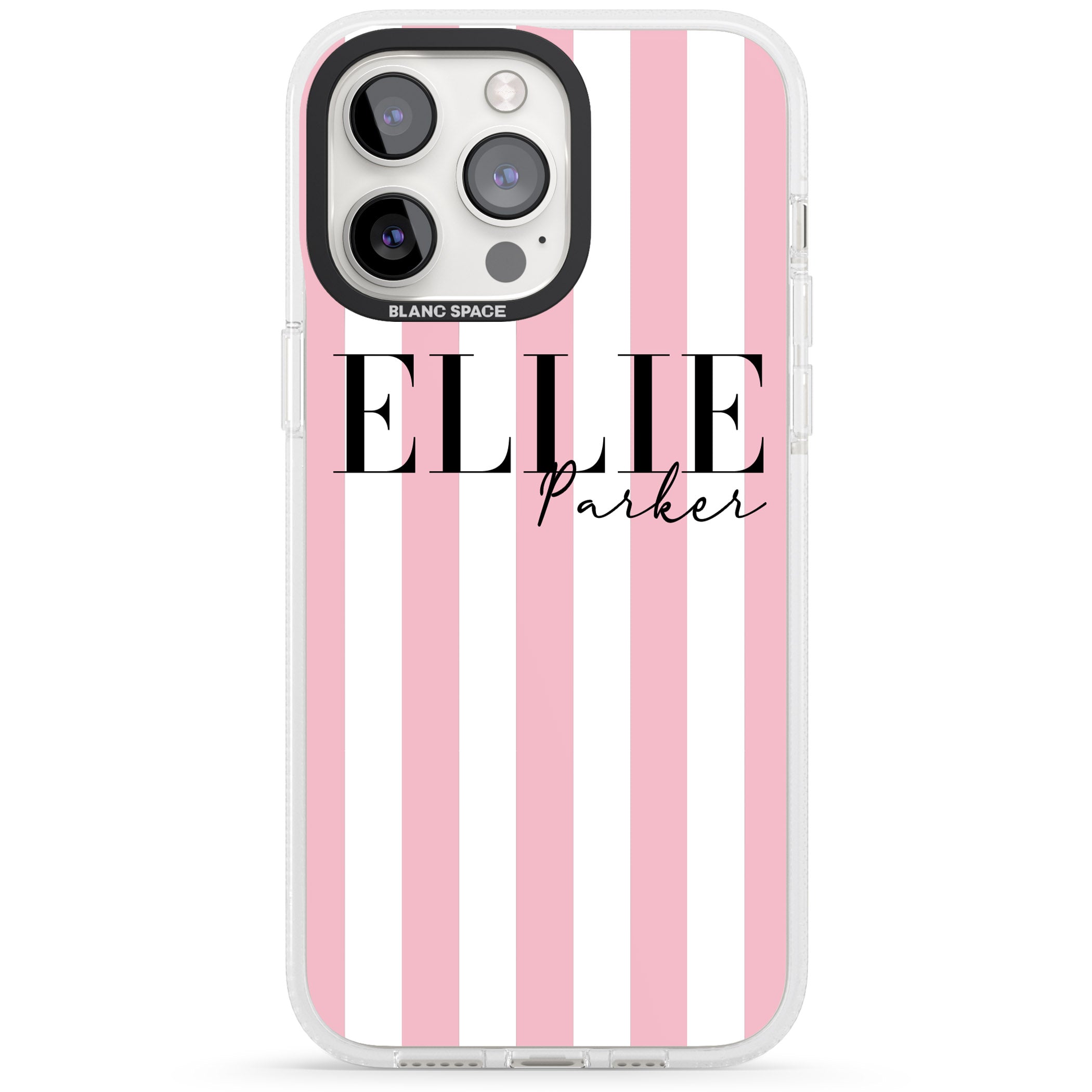 Personalised Pink Stripes iPhone 15 Pro Max / 15 Pro / 14 Pro Max / 14 Pro / 13 Pro Clear Case Impact Air - Blanc Space