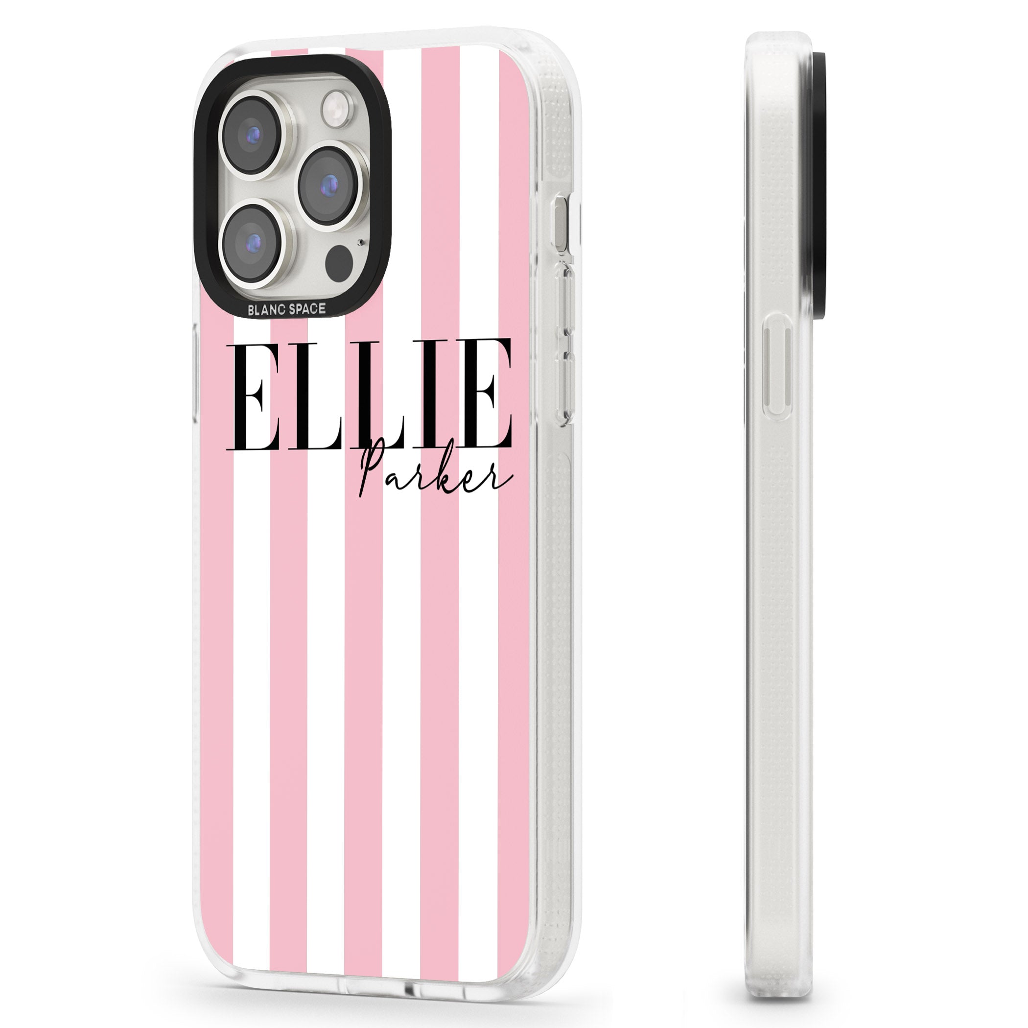 Personalised Pink Stripes iPhone 15 Pro Max / 15 Pro / 14 Pro Max / 14 Pro / 13 Pro Clear Case Impact Air - Blanc Space