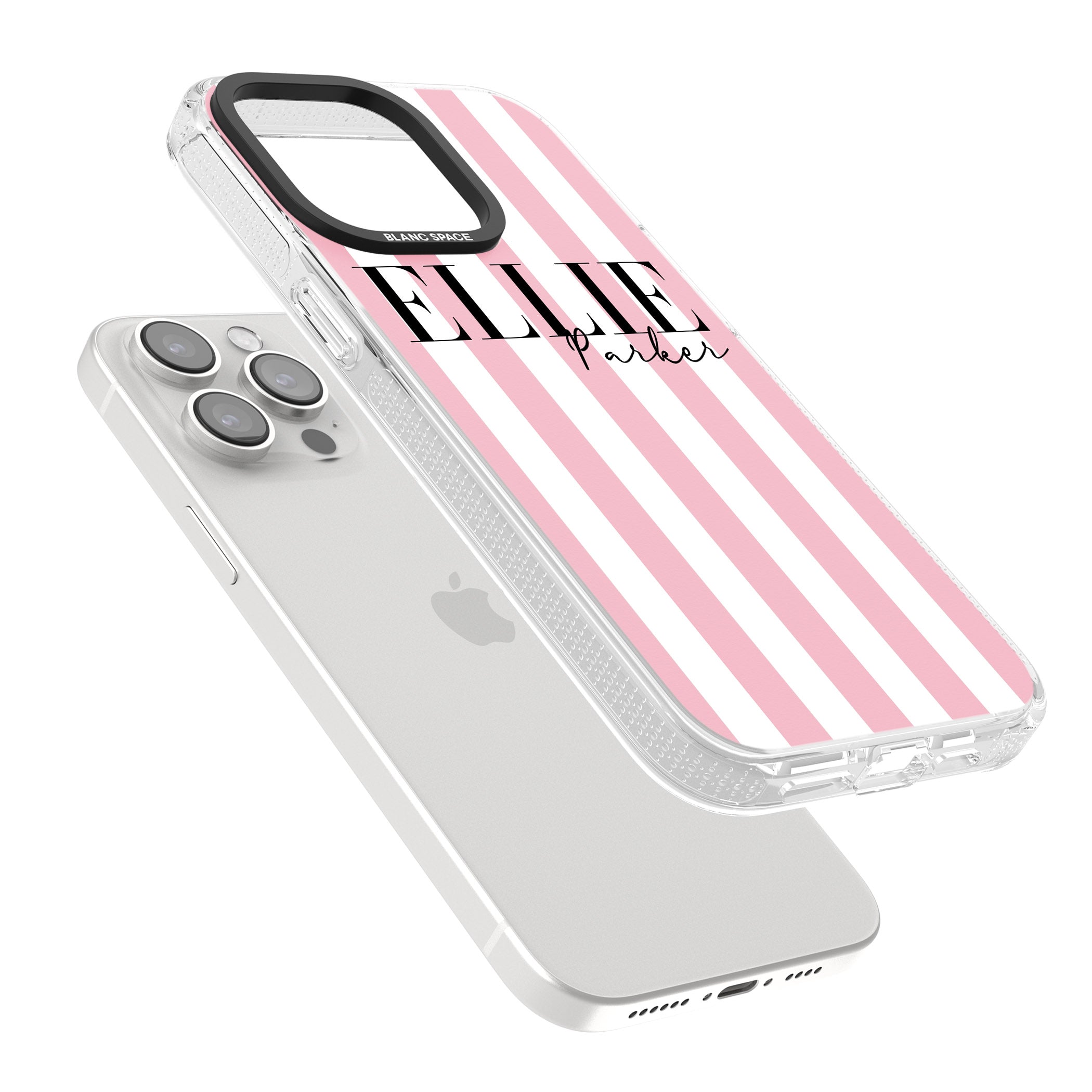 Personalised Pink Stripes iPhone 15 Pro Max / 15 Pro / 14 Pro Max / 14 Pro / 13 Pro Clear Case Impact Air - Blanc Space