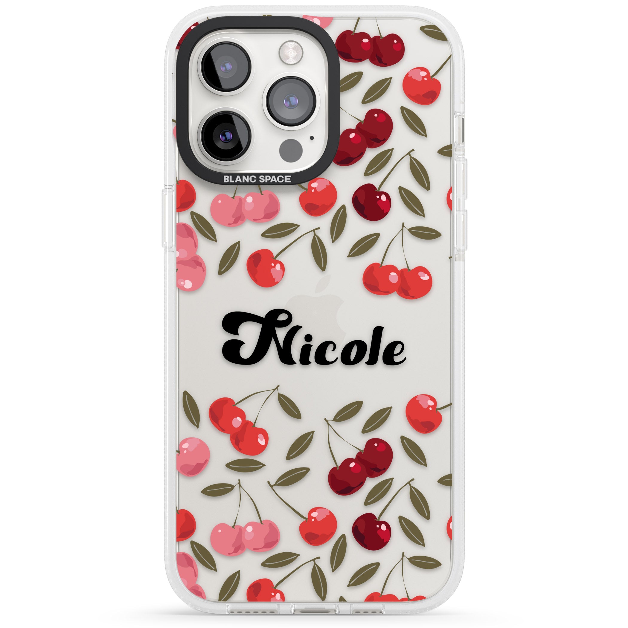 Personalised Cherry Pattern iPhone 15 Pro Max / 15 Pro / 14 Pro Max / 14 Pro / 13 Pro Clear Case Impact Air - Blanc Space