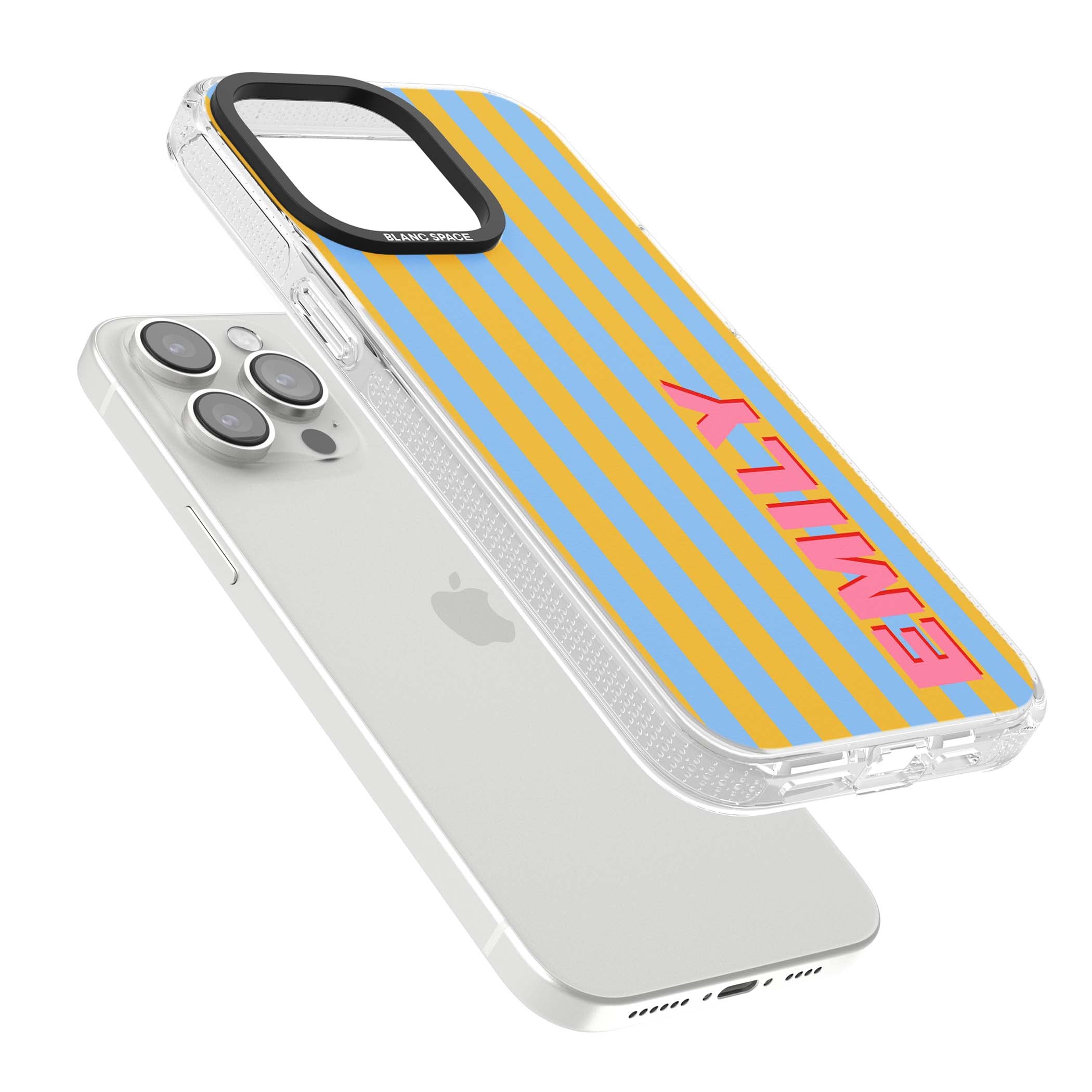Carribean Stripe personalised coastal iPhone case with yellow and blue vertical stripes and a custom pink name | Clear Case Impact Air case for iPhone 15 Pro, iPhone 15 Pro Max