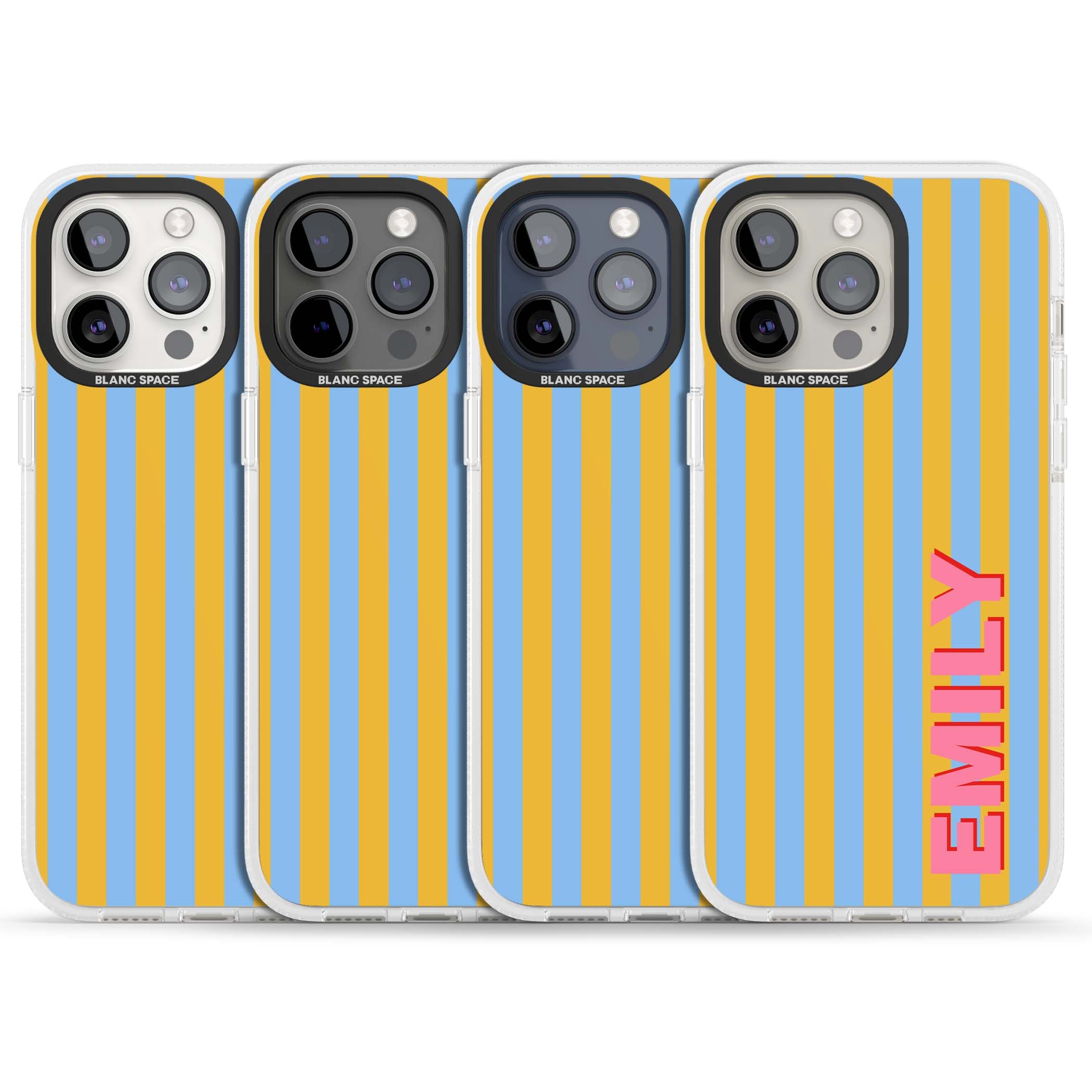 Carribean Stripe personalised coastal iPhone case with yellow and blue vertical stripes and a custom pink name | Clear Case Impact Air case for iPhone 15 Pro, iPhone 15 Pro Max