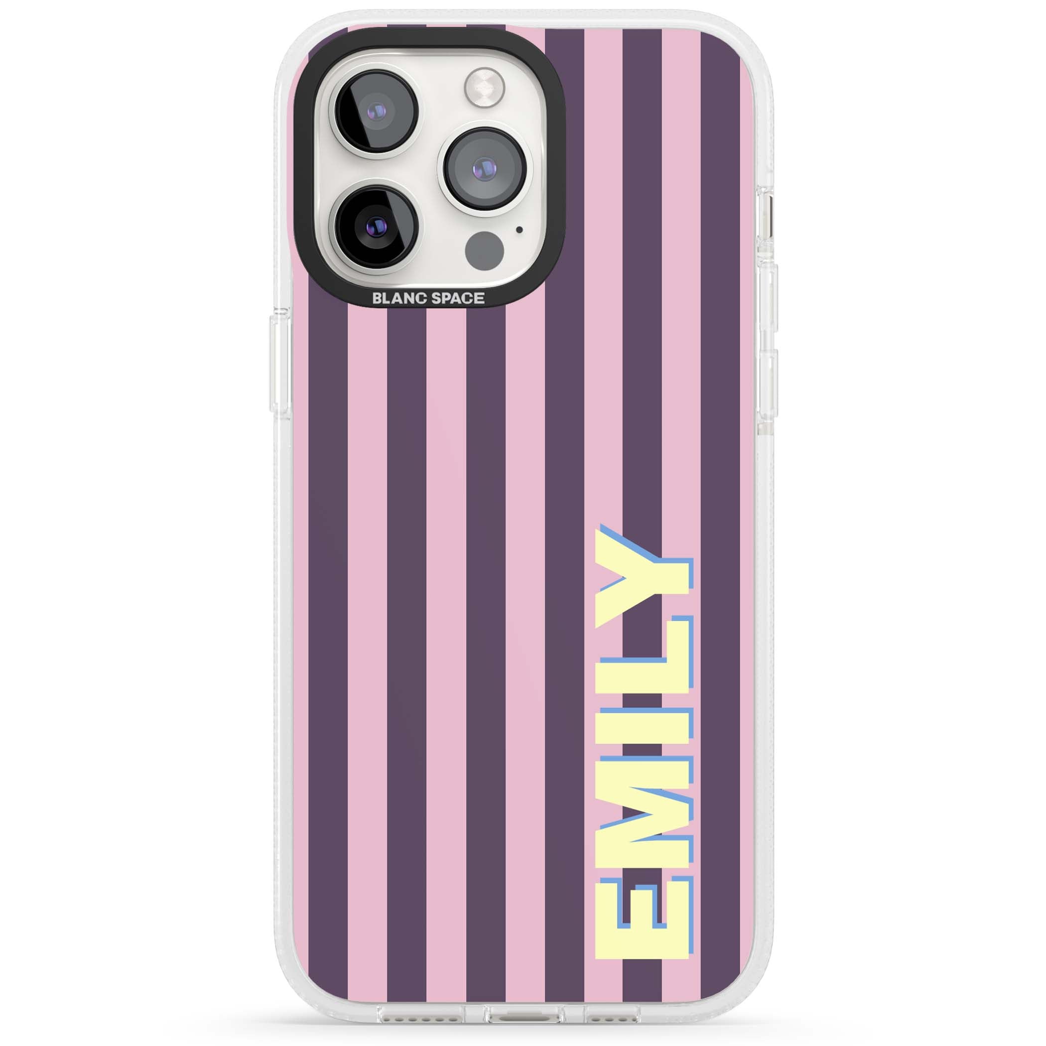 Tyre Stripe personalised stripe iPhone case with plum and pink vertical stripes and custom yellow name | Clear Case Impact Air case for iPhone 15 Pro, iPhone 15 Pro Max