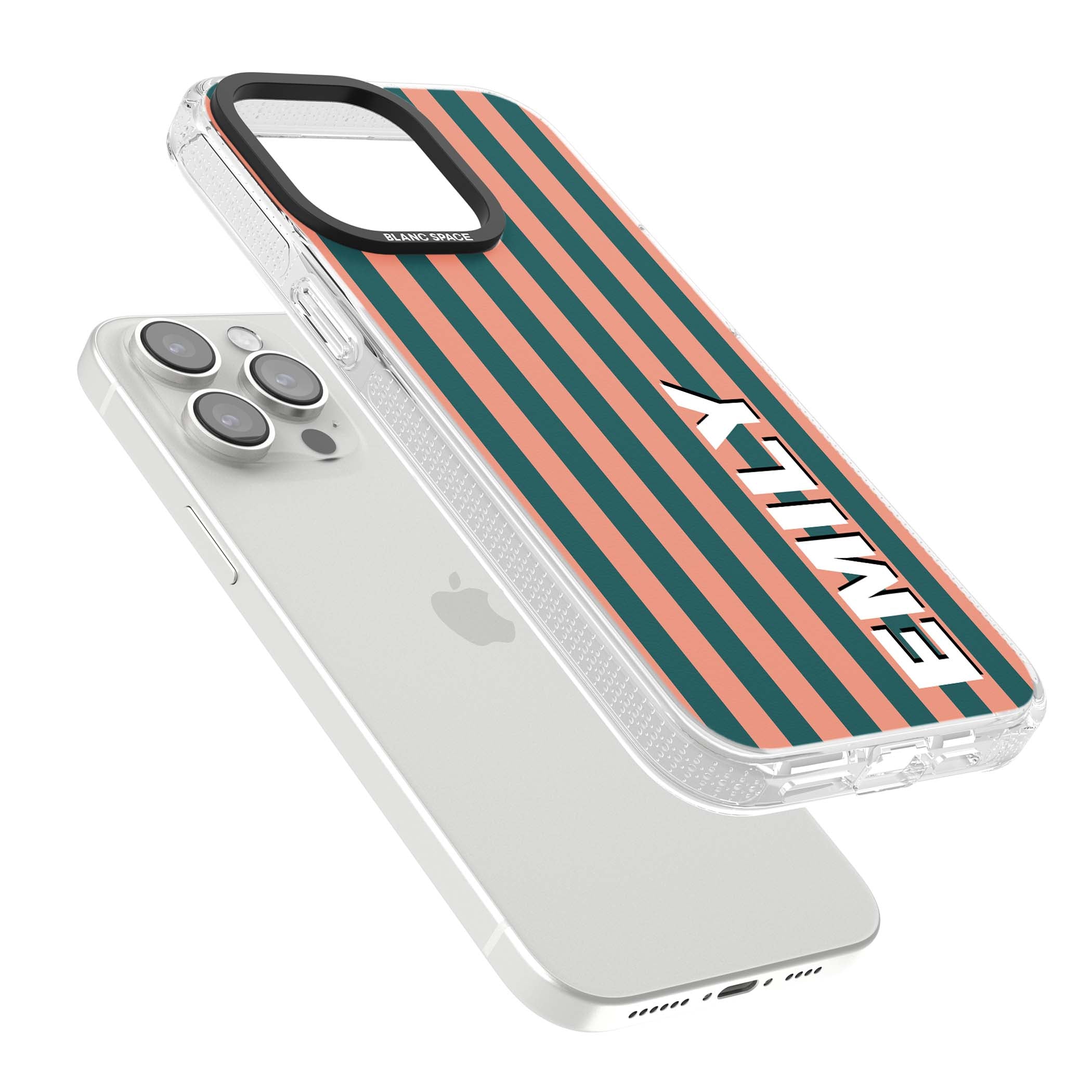 Tuscan Stripe personalised iPhone case featuring coral and green vertical stripes with bold custom name | Clear Case Impact Air case for iPhone 15 Pro, iPhone 15 Pro Max