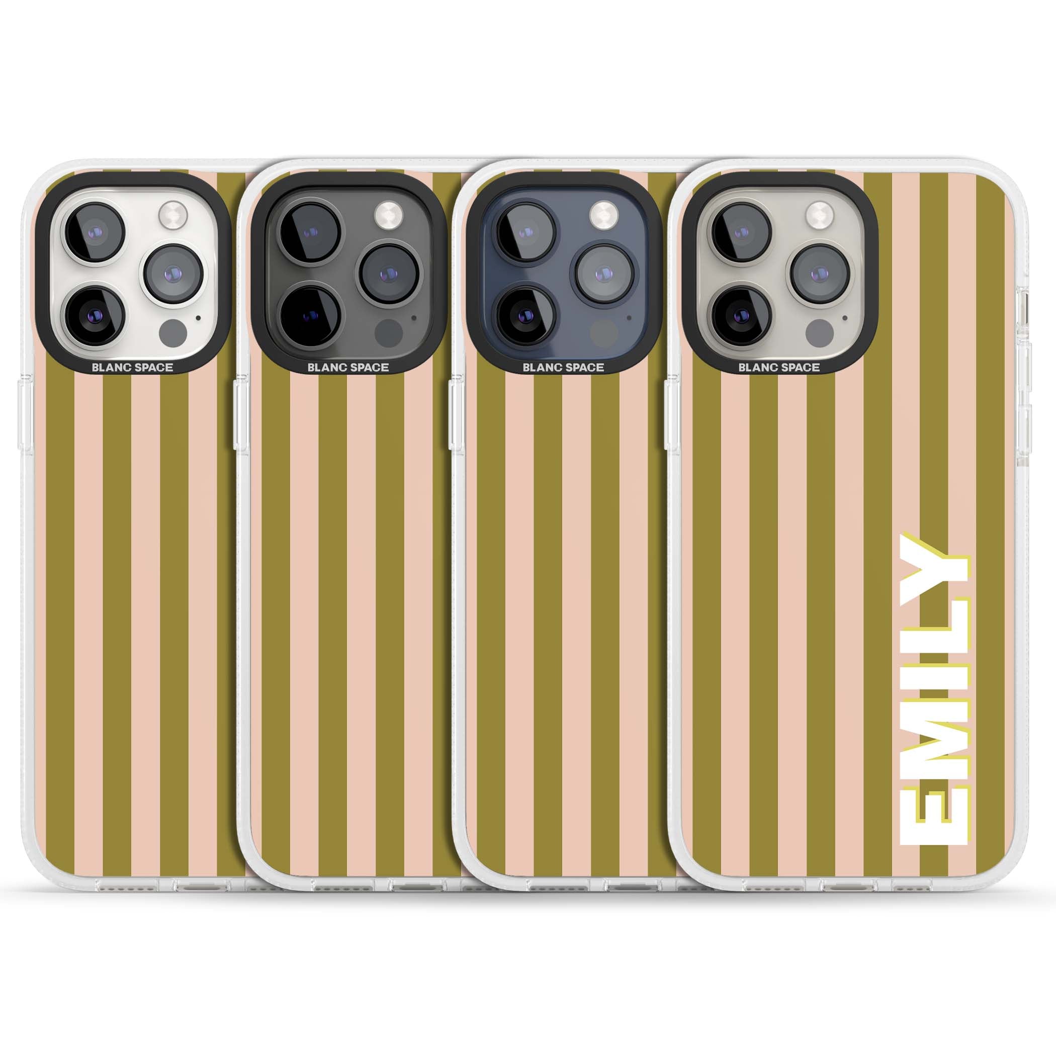 Indian Stripe personalised iPhone case featuring olive green and blush pink vertical stripes with custom name in whit | Clear Case Impact Air case for iPhone 15 Pro, iPhone 15 Pro Max