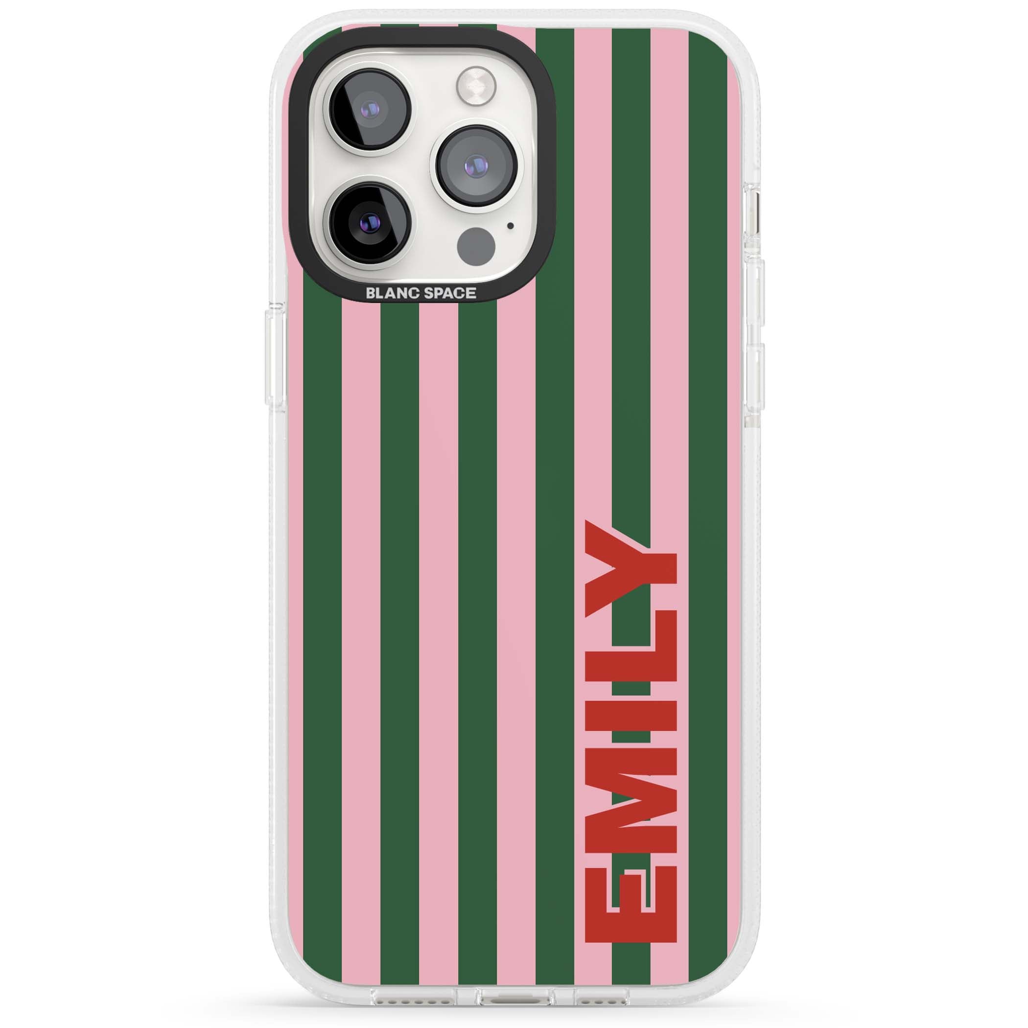Italian Stripe preppy iPhone case featuring pink and green vertical stripes with personalised red name | Clear Case Impact Air case for iPhone 15 Pro, iPhone 15 Pro Max