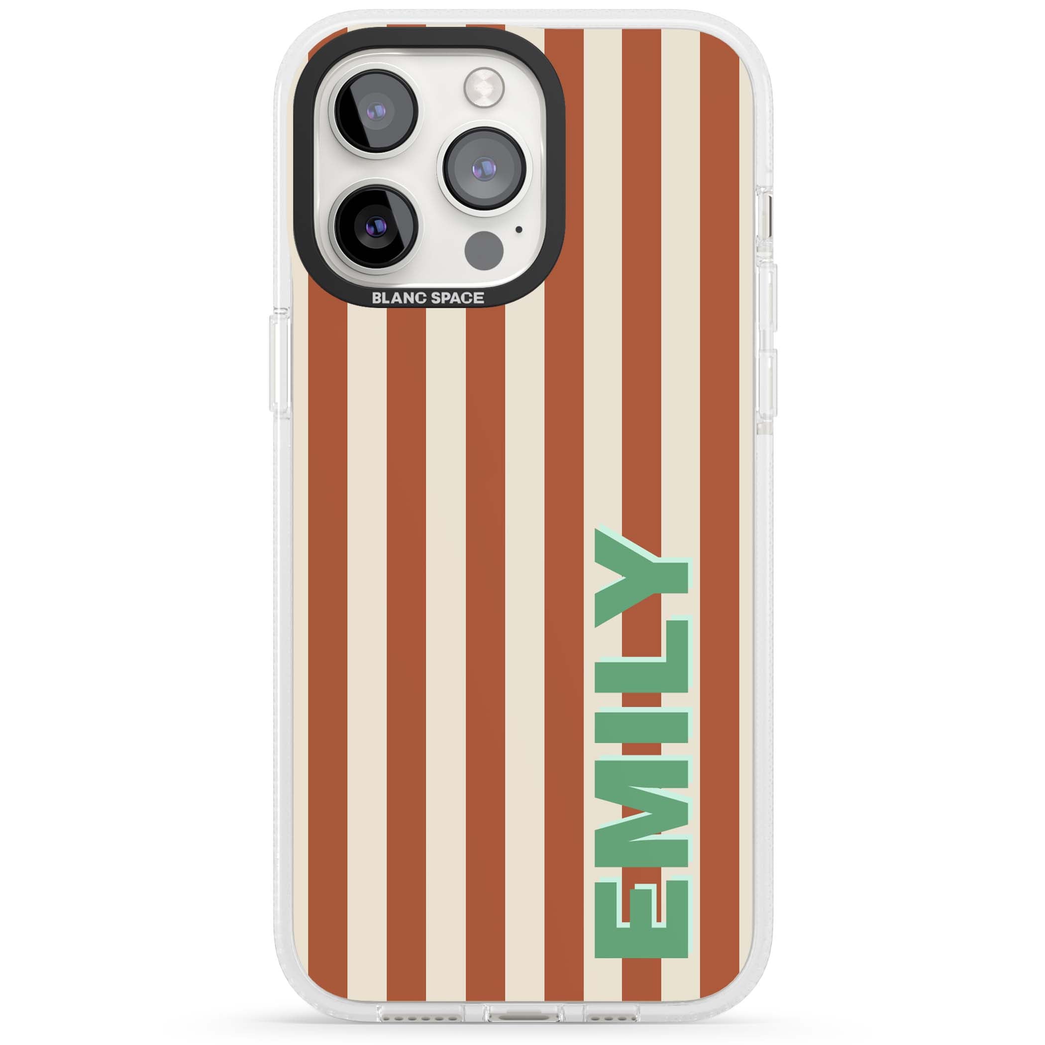 Dune Stripe personalised iPhone case with rust and cream vertical stripes and custom name in mint green | Clear Case Impact Air case for iPhone 15 Pro, iPhone 15 Pro Max