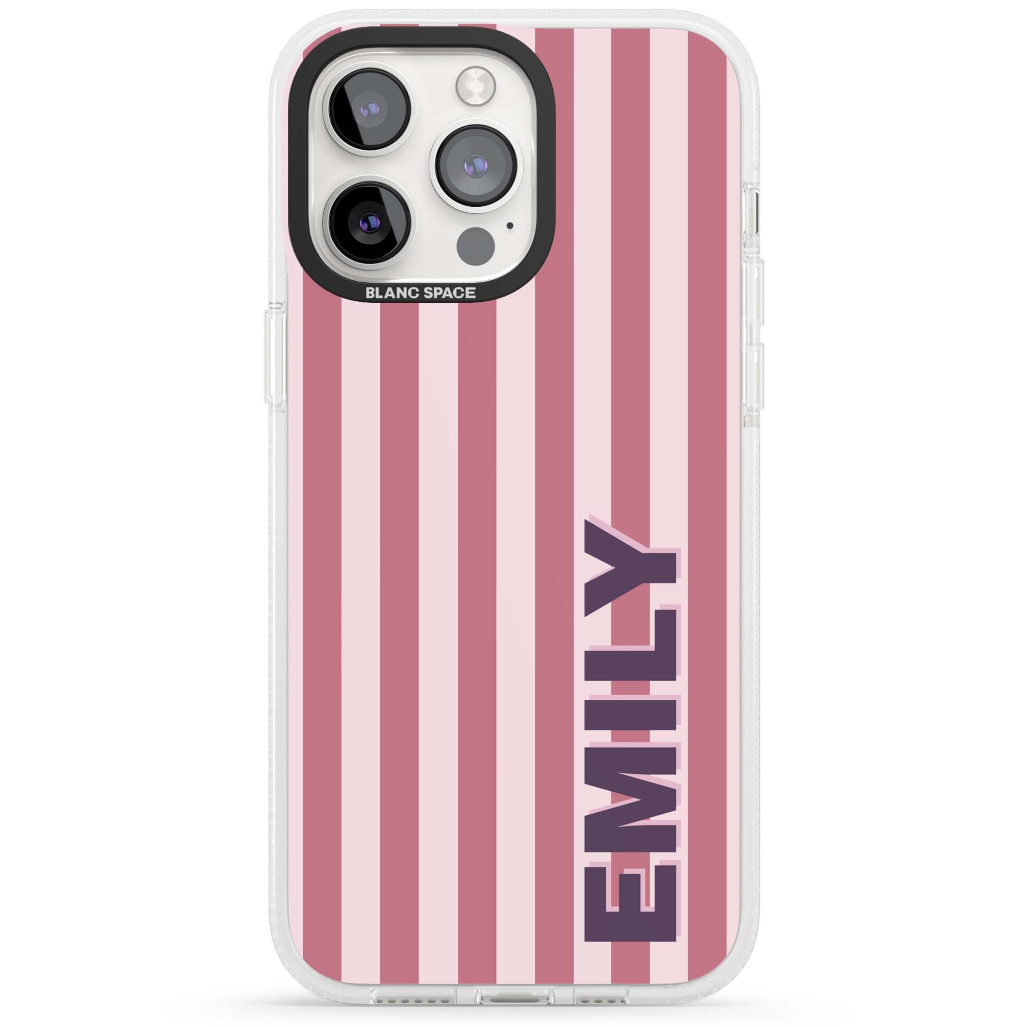 Victoria Stripe personalised iPhone case featuring pink vertical stripes and custom name in bold plum lettering | Clear Case Impact Air case for iPhone 15 Pro, iPhone 15 Pro Max