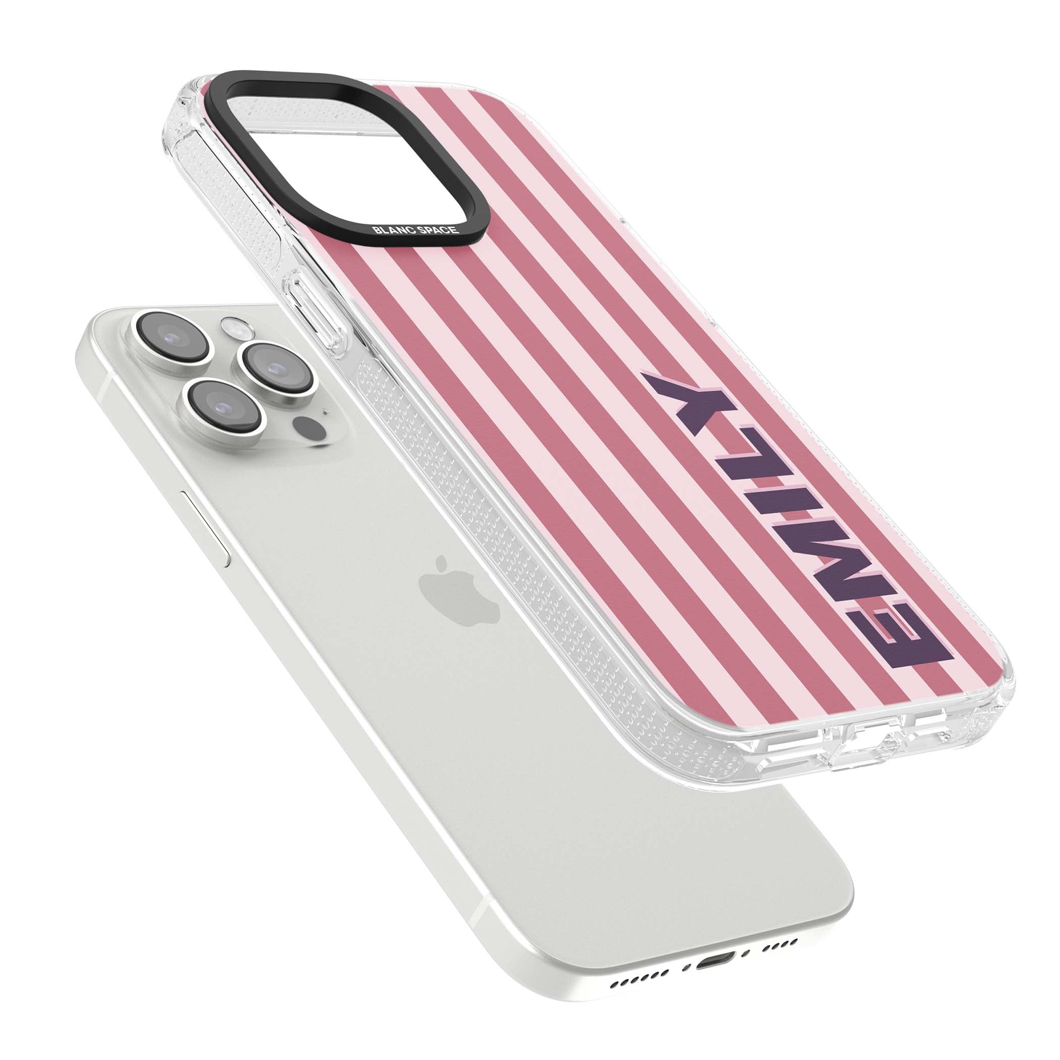 Victoria Stripe personalised iPhone case featuring pink vertical stripes and custom name in bold plum lettering | Clear Case Impact Air case for iPhone 15 Pro, iPhone 15 Pro Max