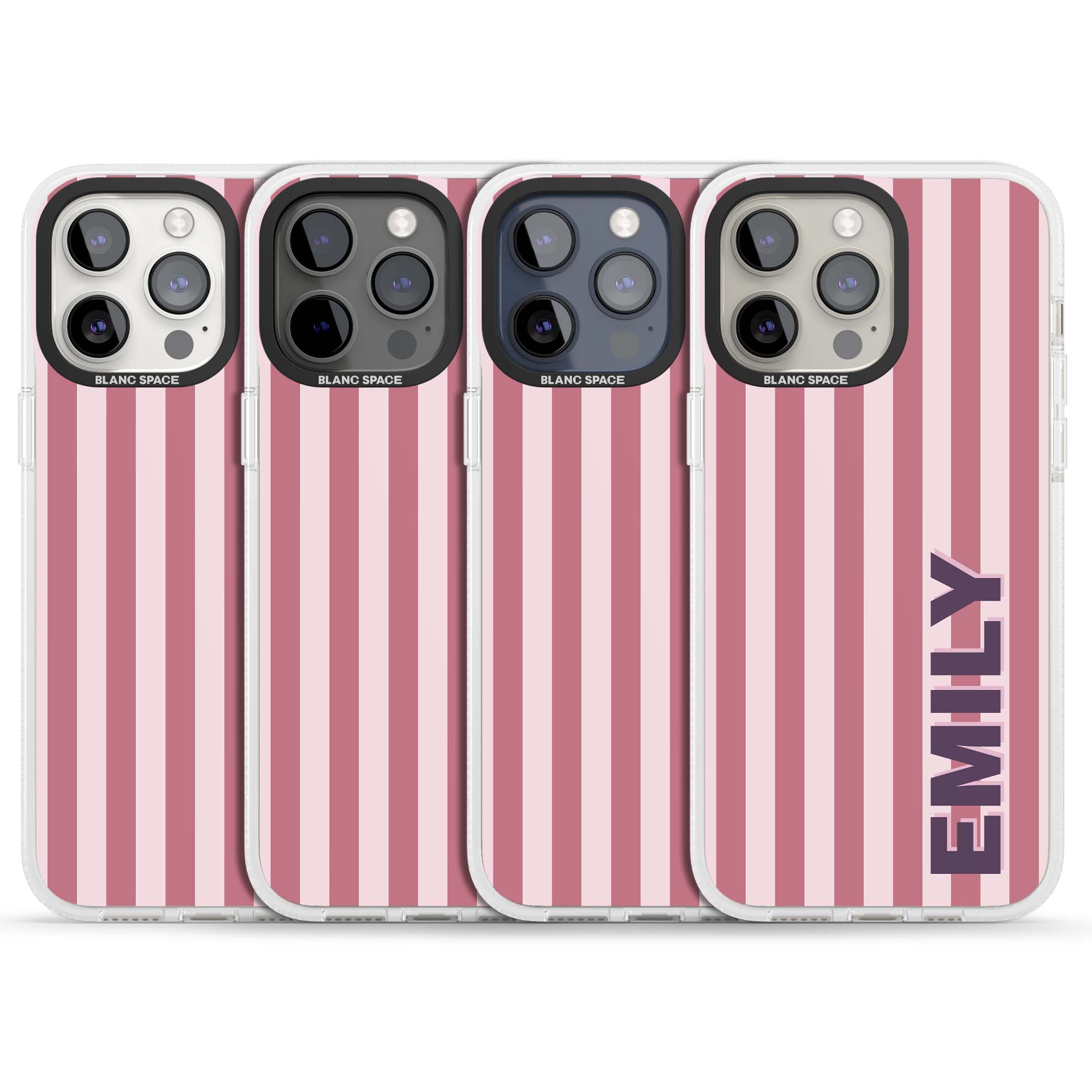 Victoria Stripe personalised iPhone case featuring pink vertical stripes and custom name in bold plum lettering | Clear Case Impact Air case for iPhone 15 Pro, iPhone 15 Pro Max