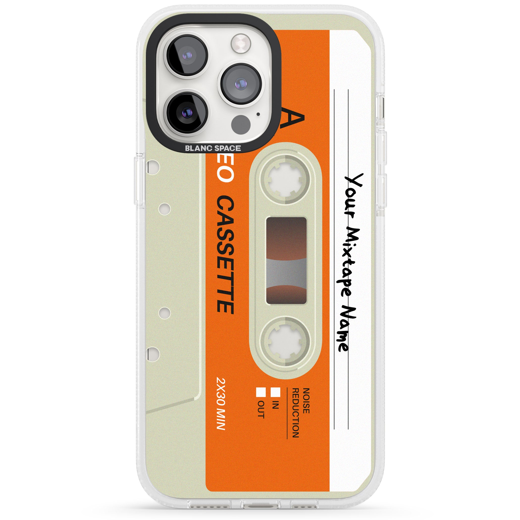 Personalised Classic Cassette iPhone 15 Pro Max / 15 Pro / 14 Pro Max / 14 Pro / 13 Pro Clear Case Impact Air - Blanc Space