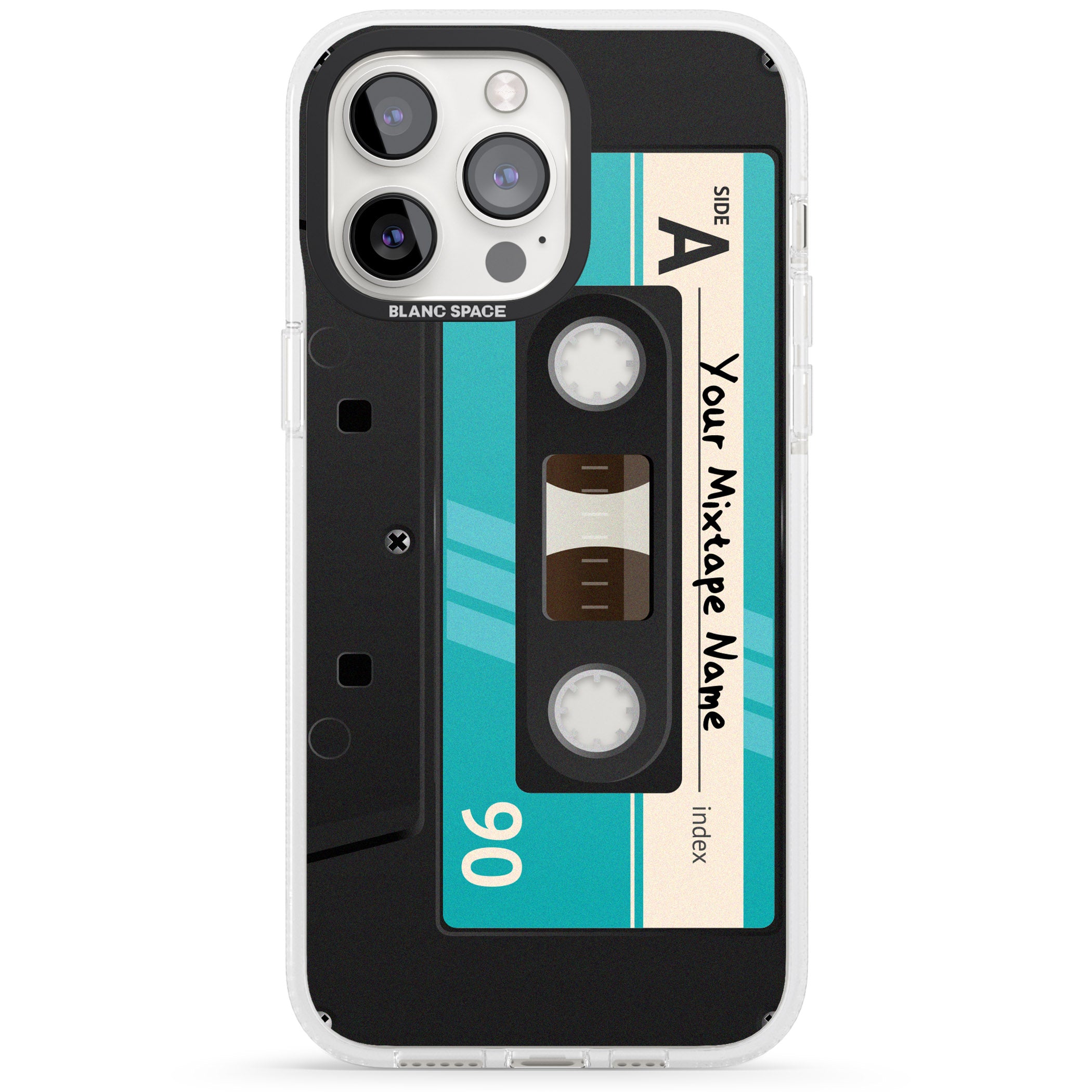 Personalised Dark Cassette iPhone 15 Pro Max / 15 Pro / 14 Pro Max / 14 Pro / 13 Pro Clear Case Impact Air - Blanc Space