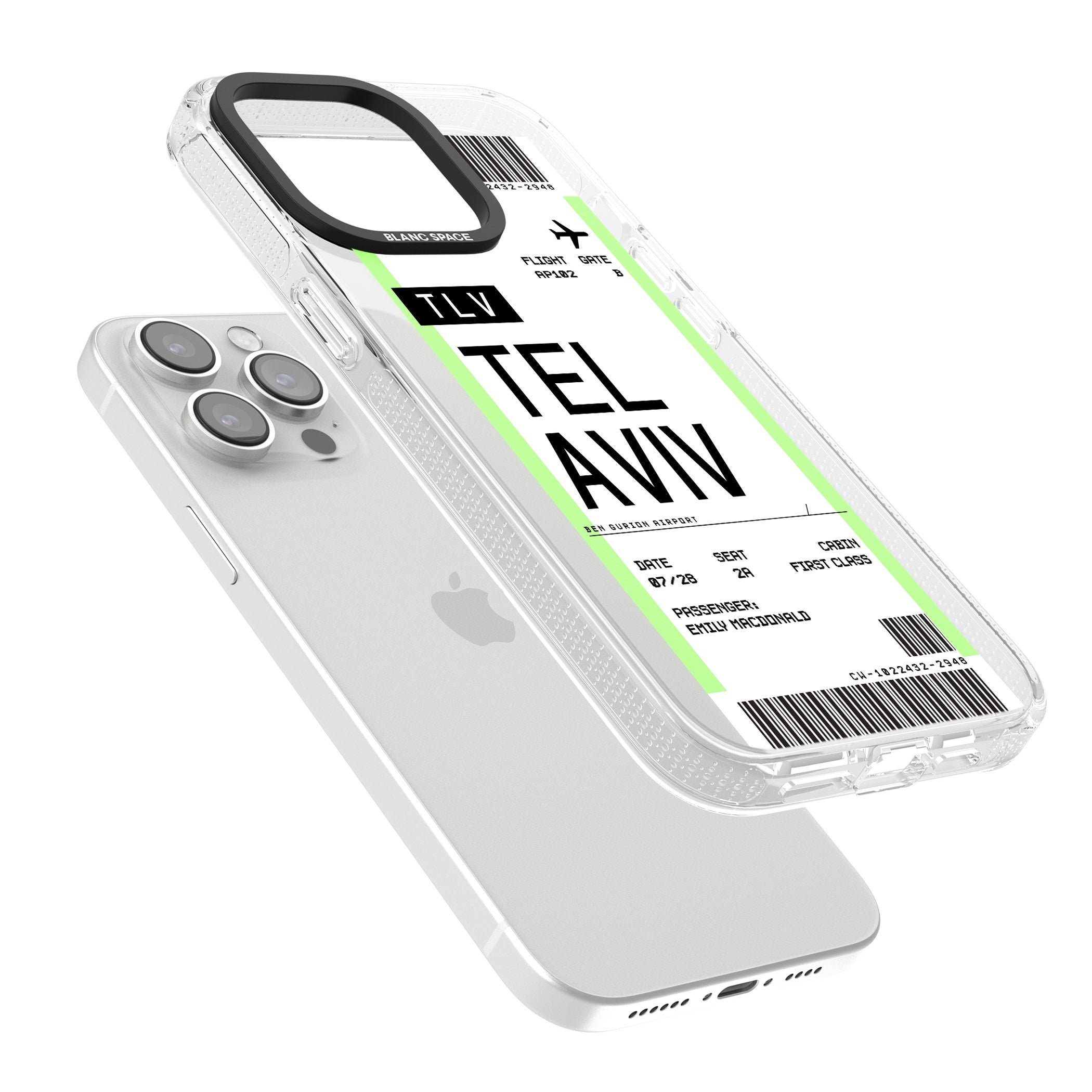Personalised Tel Aviv Boarding Pass iPhone 15 Pro Max / 15 Pro / 14 Pro Max / 14 Pro / 13 Pro Clear Case Impact Air - Blanc Space