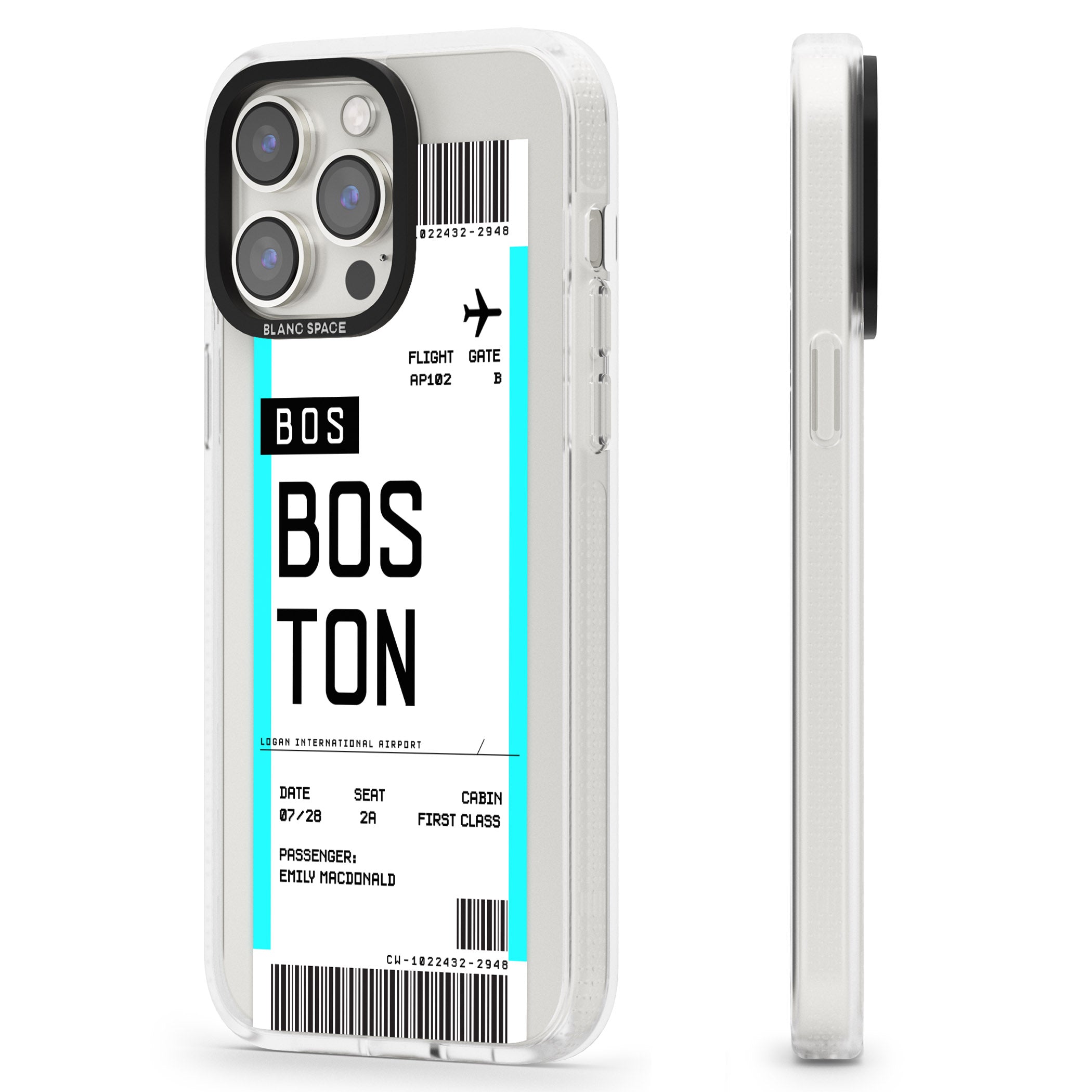 Personalised Boston Boarding Pass iPhone 15 Pro Max / 15 Pro / 14 Pro Max / 14 Pro / 13 Pro Clear Case Impact Air - Blanc Space