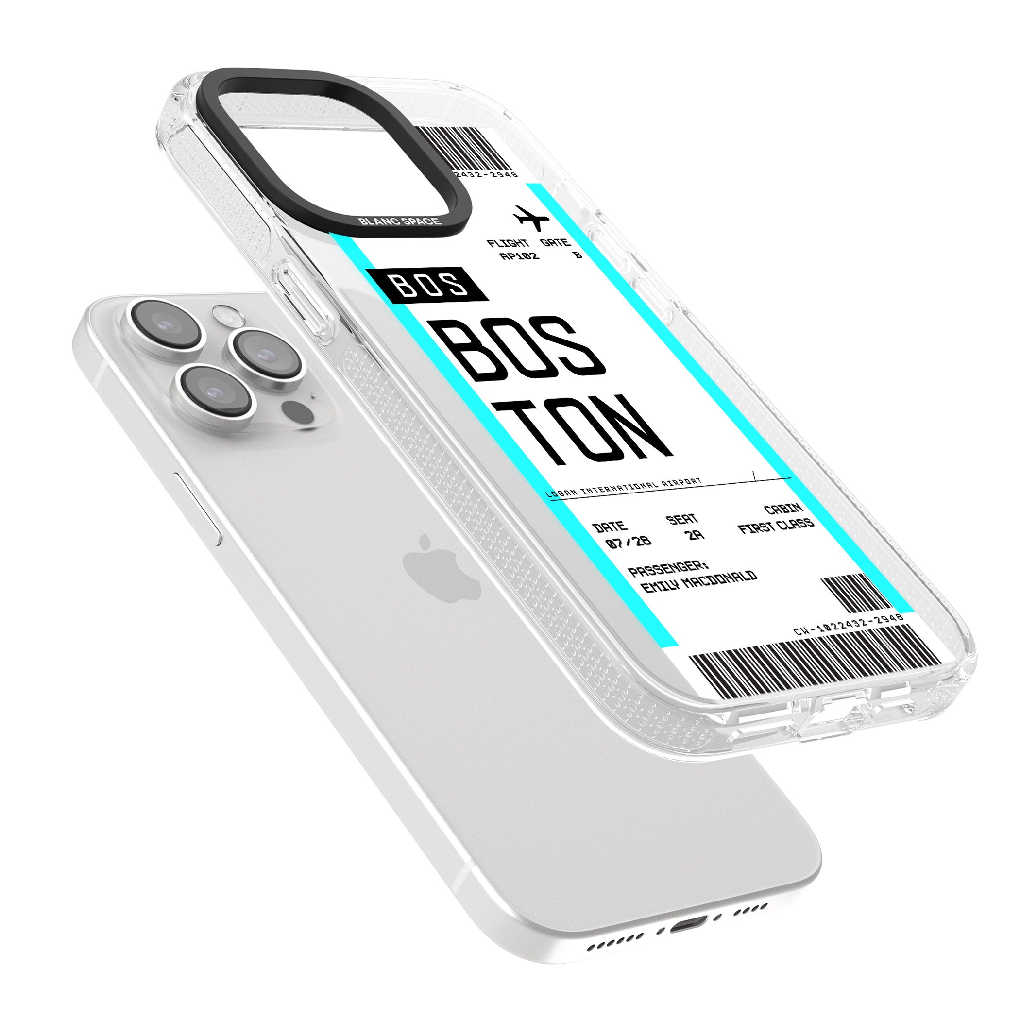 Personalised Boston Boarding Pass iPhone 15 Pro Max / 15 Pro / 14 Pro Max / 14 Pro / 13 Pro Clear Case Impact Air - Blanc Space